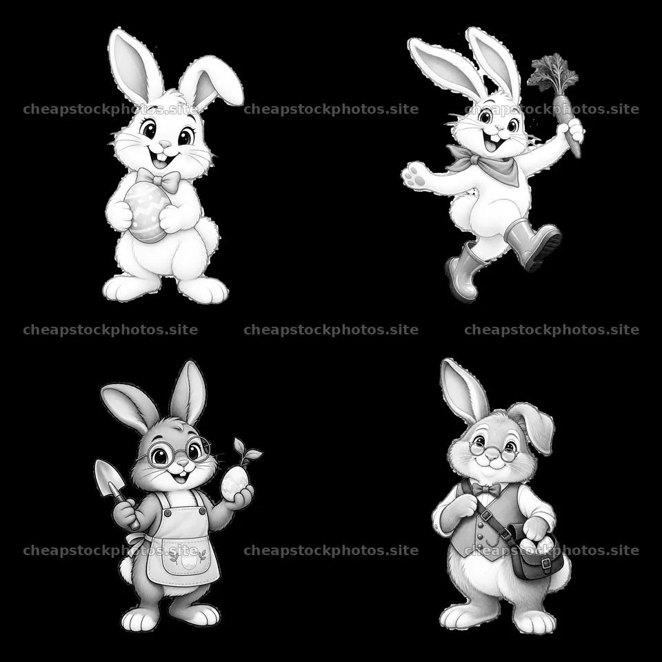 Four cartoon bunnies with accessories in a 2x2 layout – stock photos 7746x7746