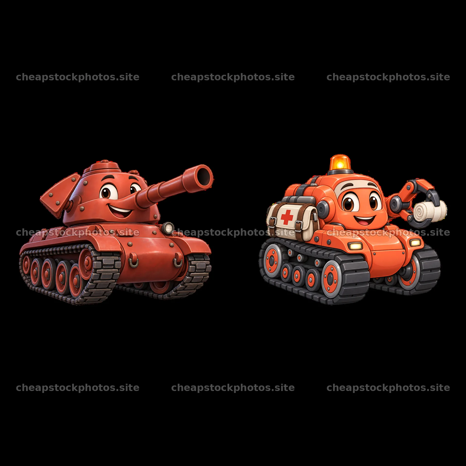Cartoon tank and rescue vehicle characters in vibrant colors – stock photos 7746x7746
