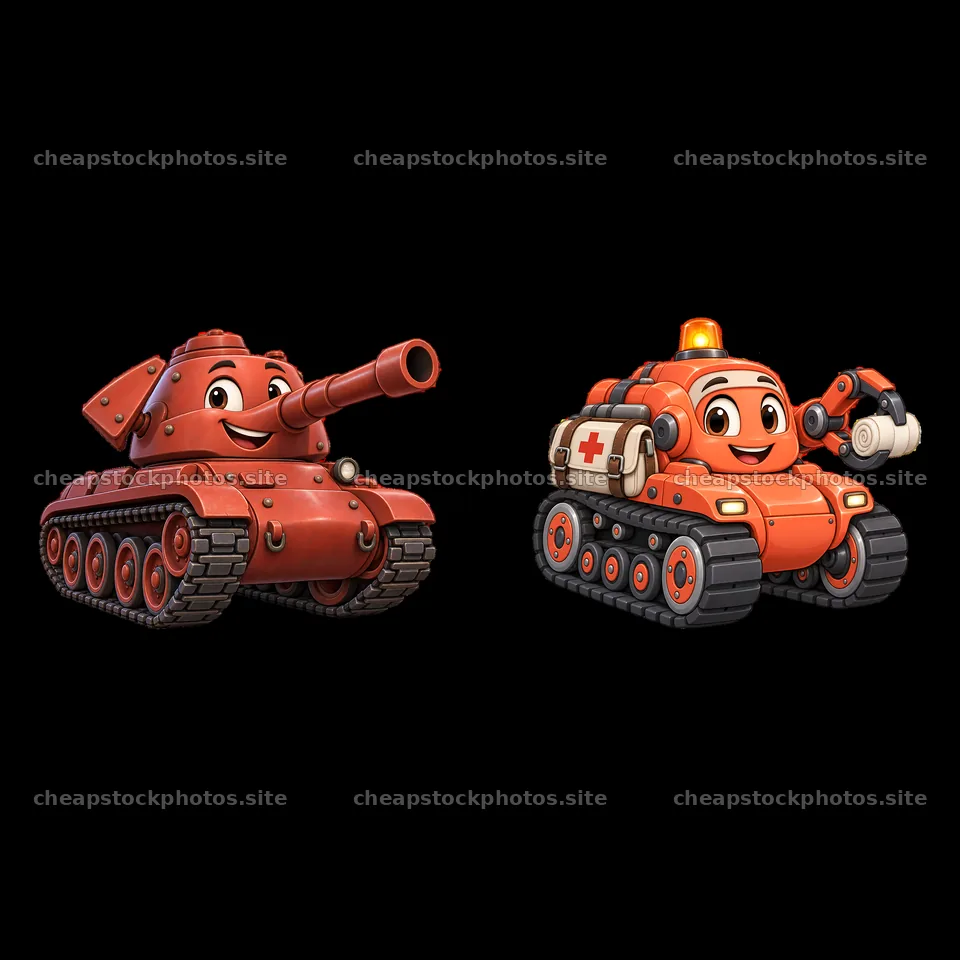 Cartoon tank and rescue vehicle characters in vibrant colors – stock photos 7746x7746