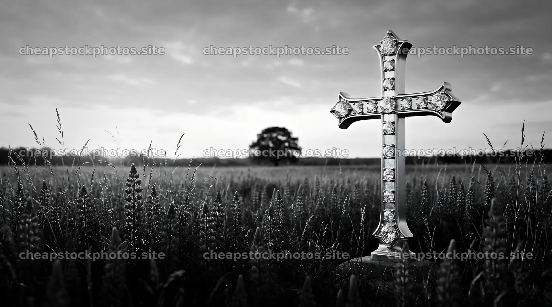 Golden cross in sunset meadow near mountain valley – stock photos 10648x5916