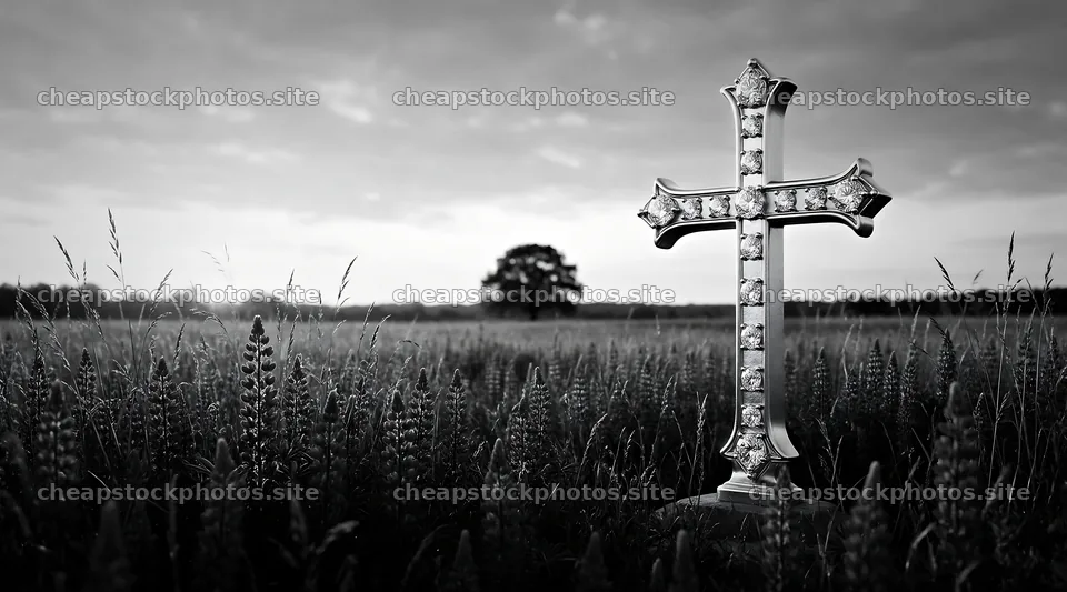 Golden cross in sunset meadow near mountain valley – stock photos 10648x5916