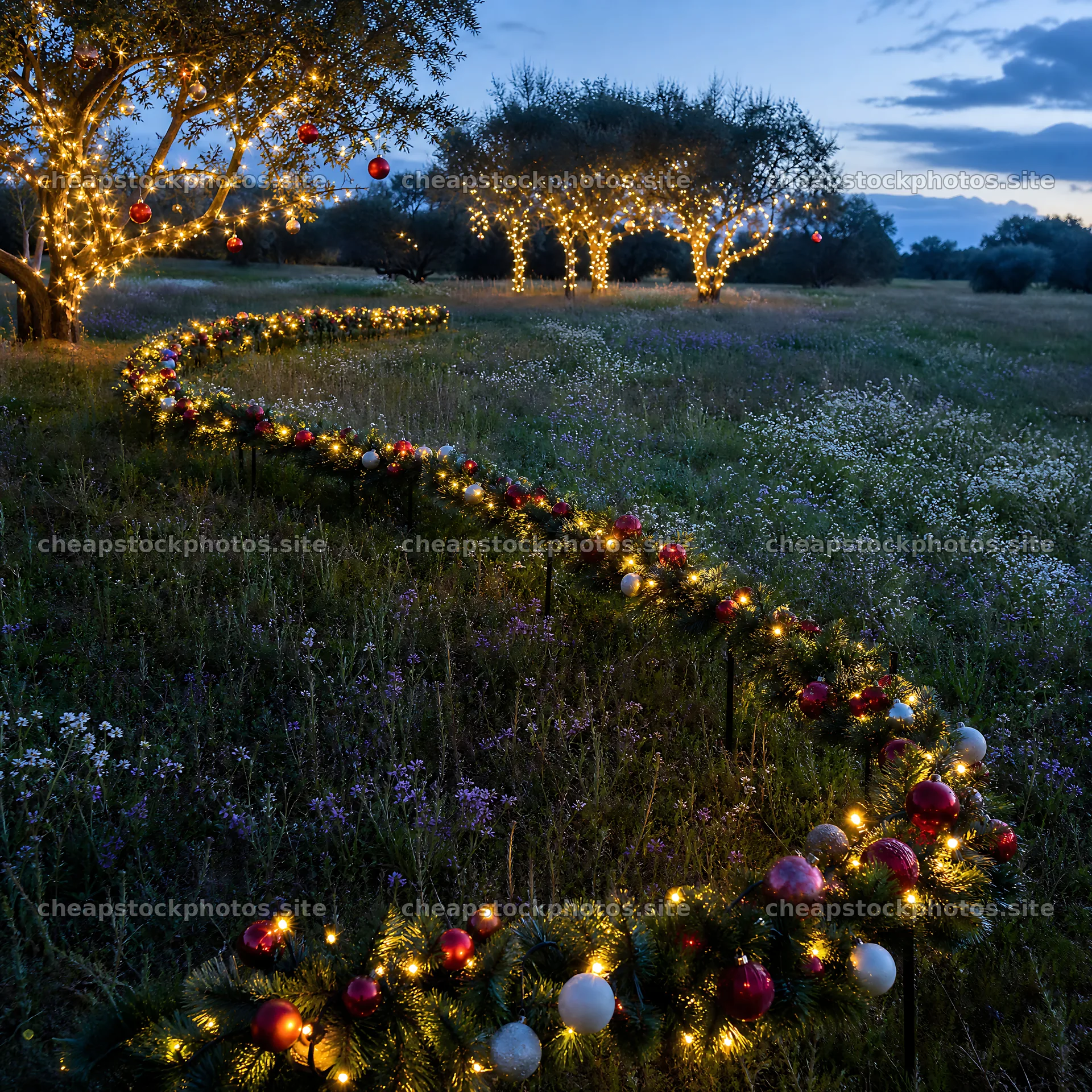 Vibrant Christmas garland and lights in a grassy meadow – stock photos 7938x7938