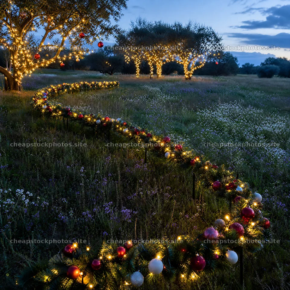 Vibrant Christmas garland and lights in a grassy meadow – stock photos 7938x7938