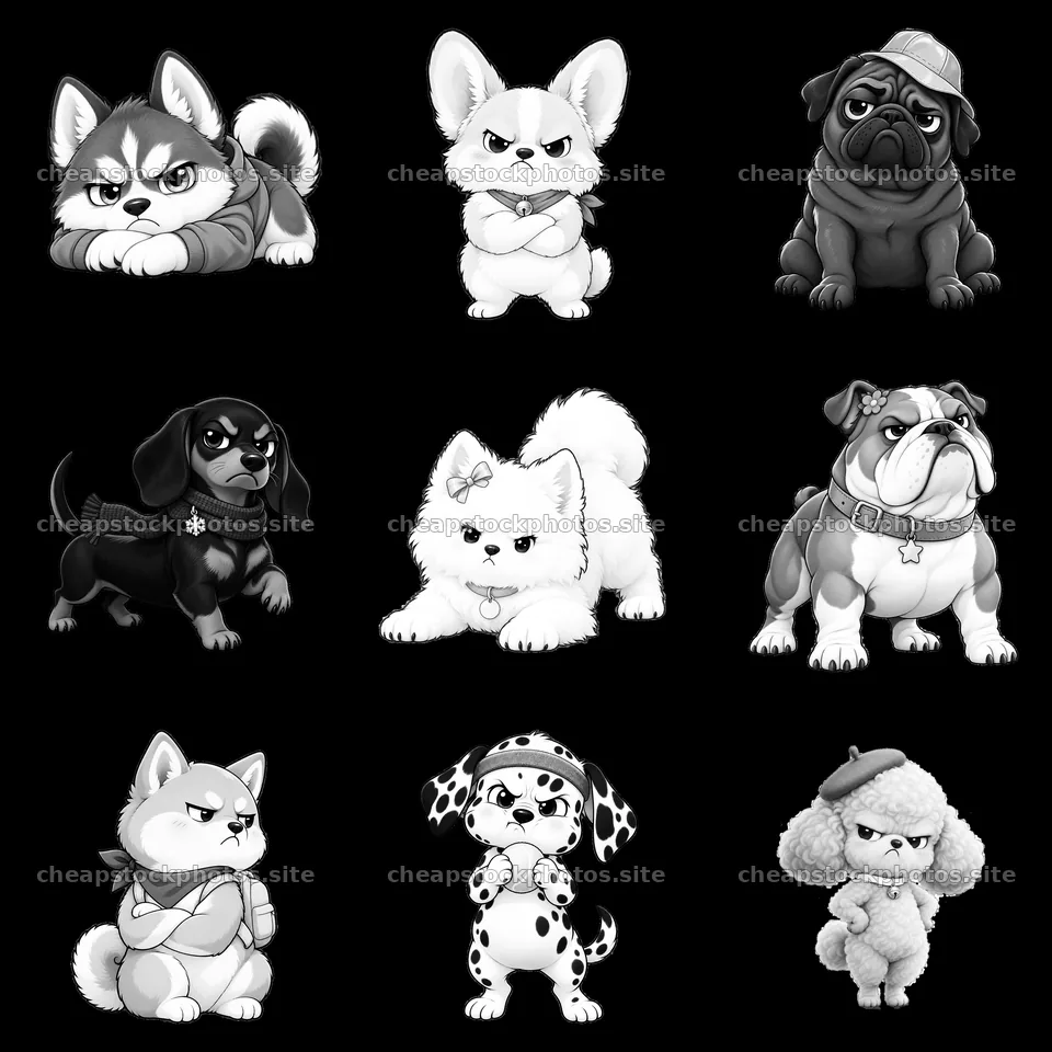 Kawaii grumpy dogs in various poses and expressions – stock photos 7746x7746