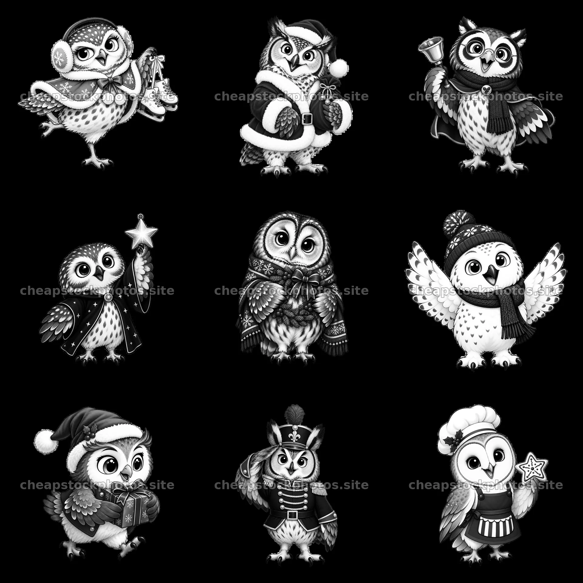 Christmas owls in various festive poses and costumes – stock photos 7746x7746