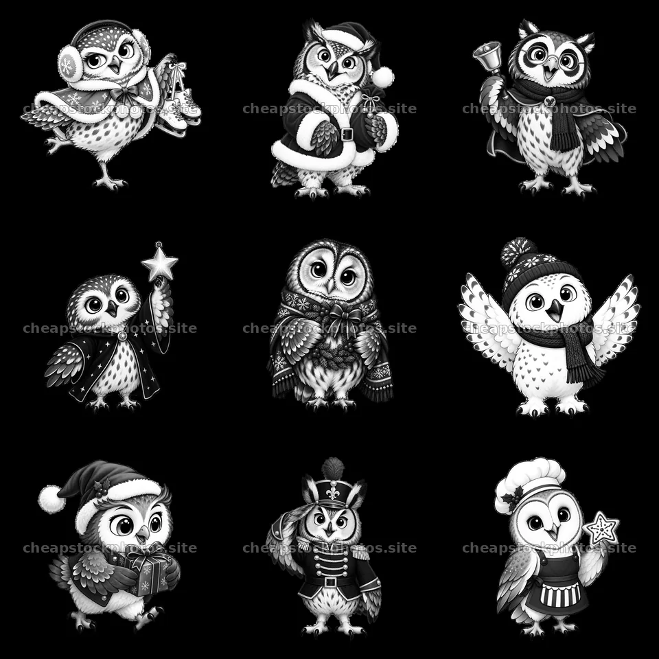 Christmas owls in various festive poses and costumes – stock photos 7746x7746