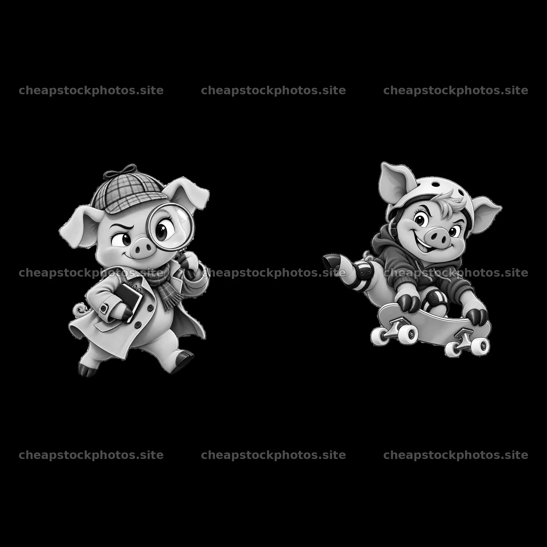 Detective pig with magnifying glass and skateboard pig duo – stock photos 7746x7746