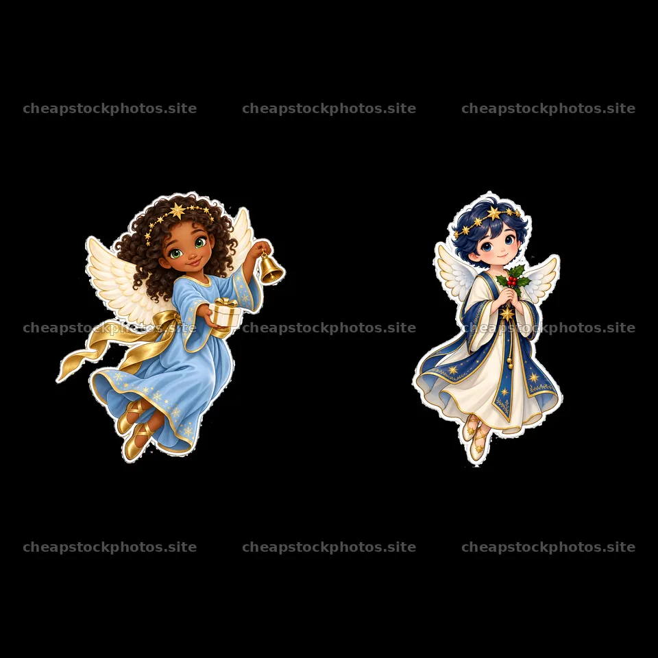 Christ Child with bells and angel holding a sprig in Christmas theme – stock photos 7746x7746