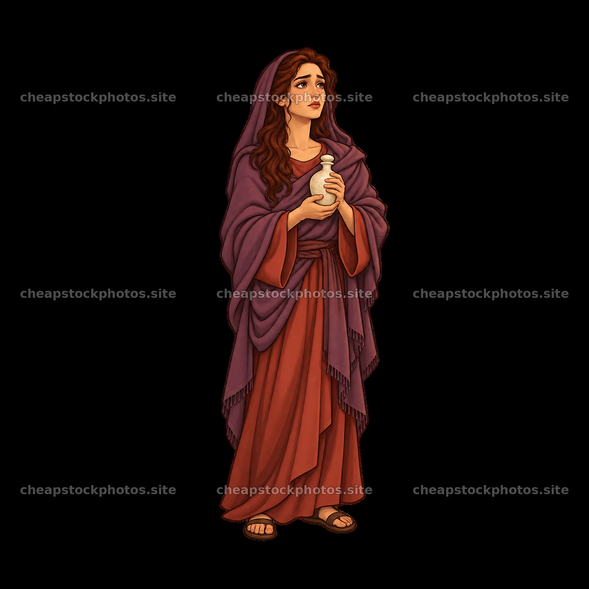 Woman holding a jar in a simple robe with a shawl – stock photos 7746x7746