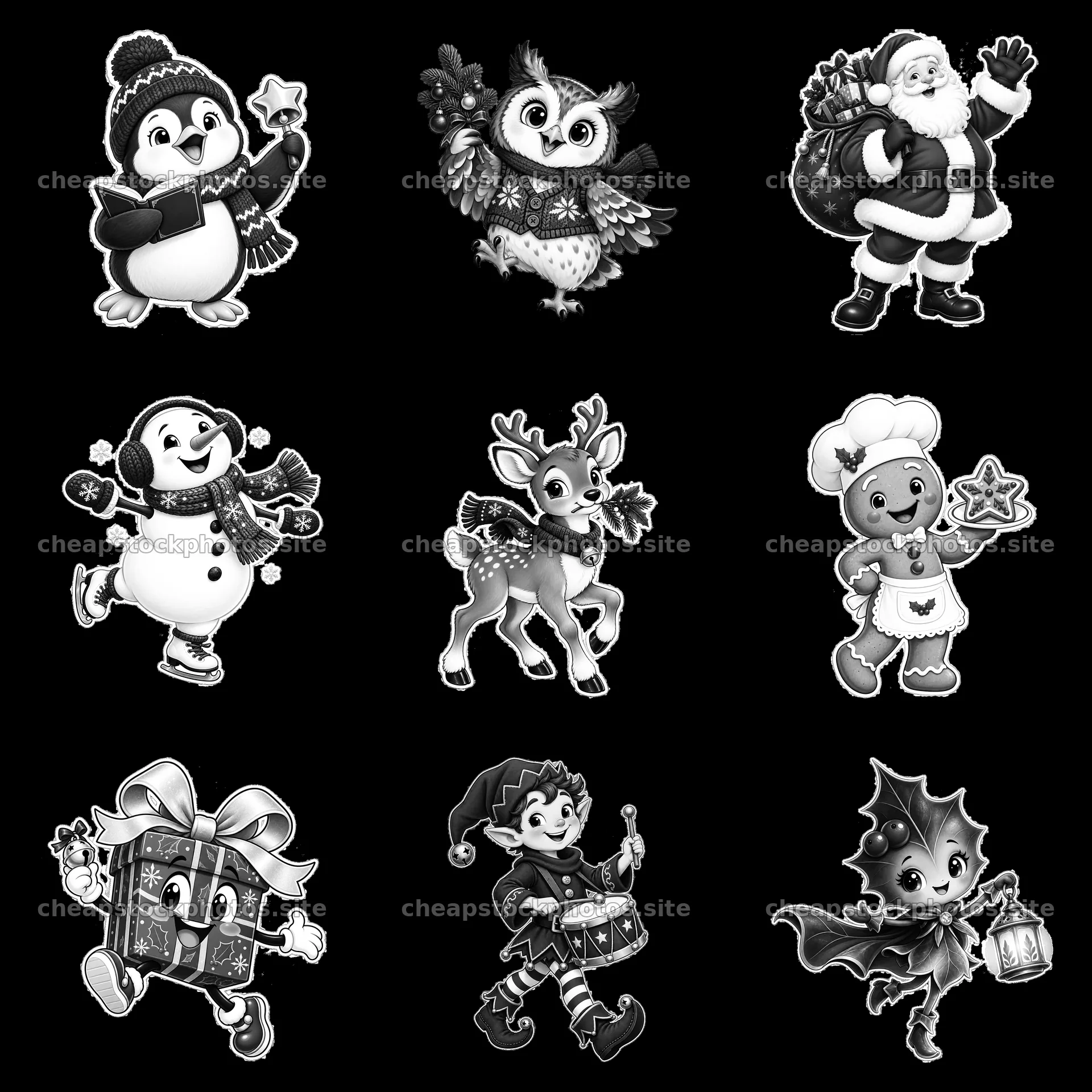 Christmas characters in black and white cartoon sticker arrangement – stock photos 7746x7746