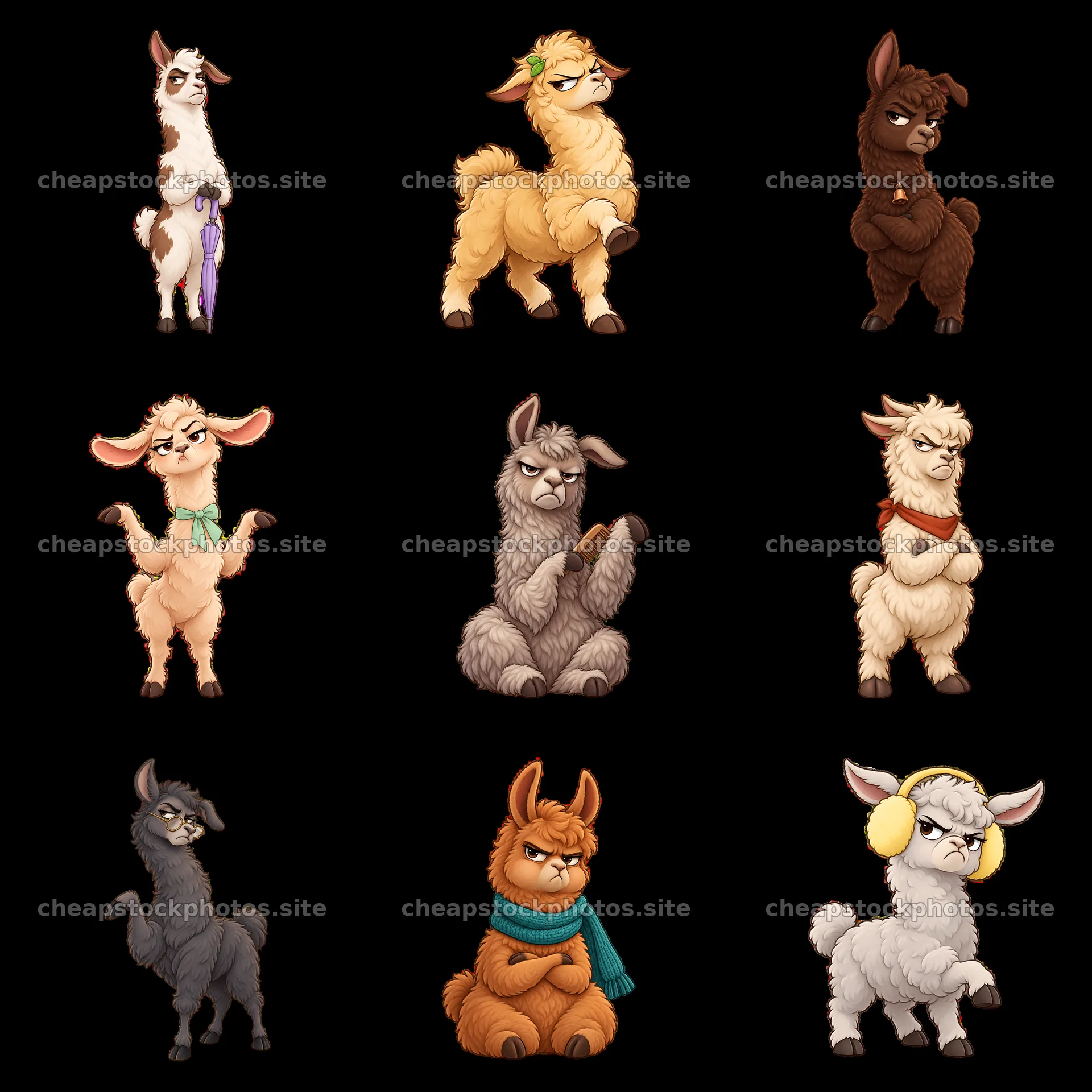 Grumpy llamas in a playful 3x3 cartoon sticker design – stock photos 7746x7746