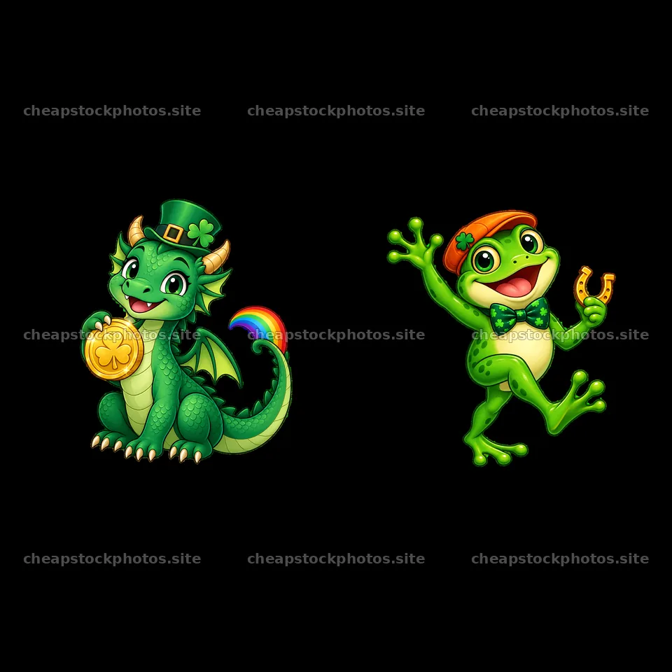 Green dragon and cheerful frog celebrating St. Patrick's Day – stock photos 7746x7746