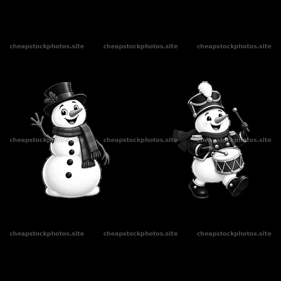 Snowman waving and snowman playing drum for Christmas celebration – stock photos 7746x7746