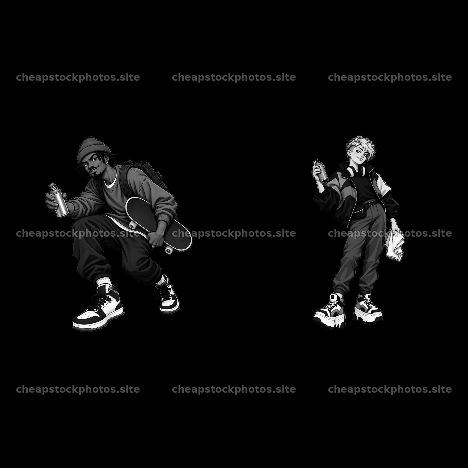 Graffiti sprayer and streetwear figure in monochrome design – stock photos 7746x7746