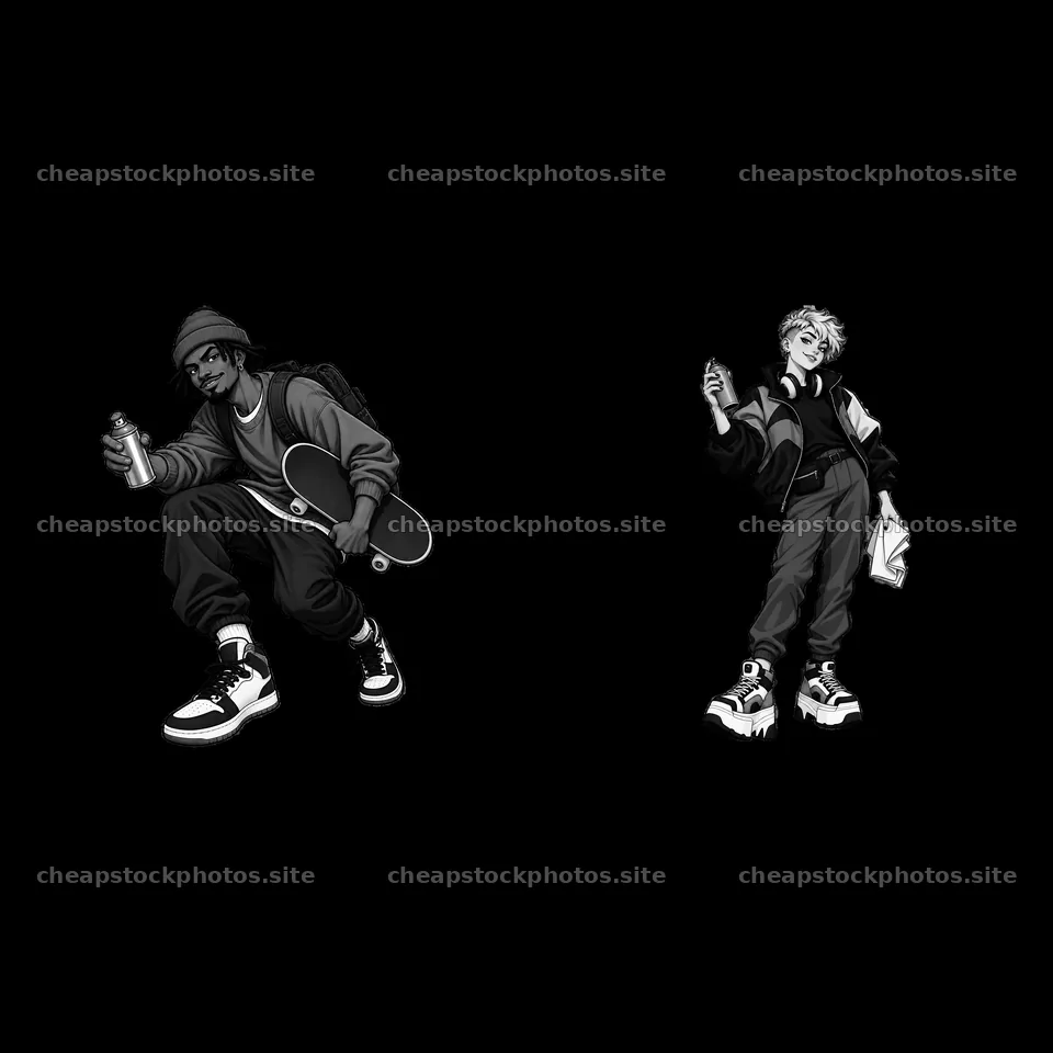 Graffiti sprayer and streetwear figure in monochrome design – stock photos 7746x7746