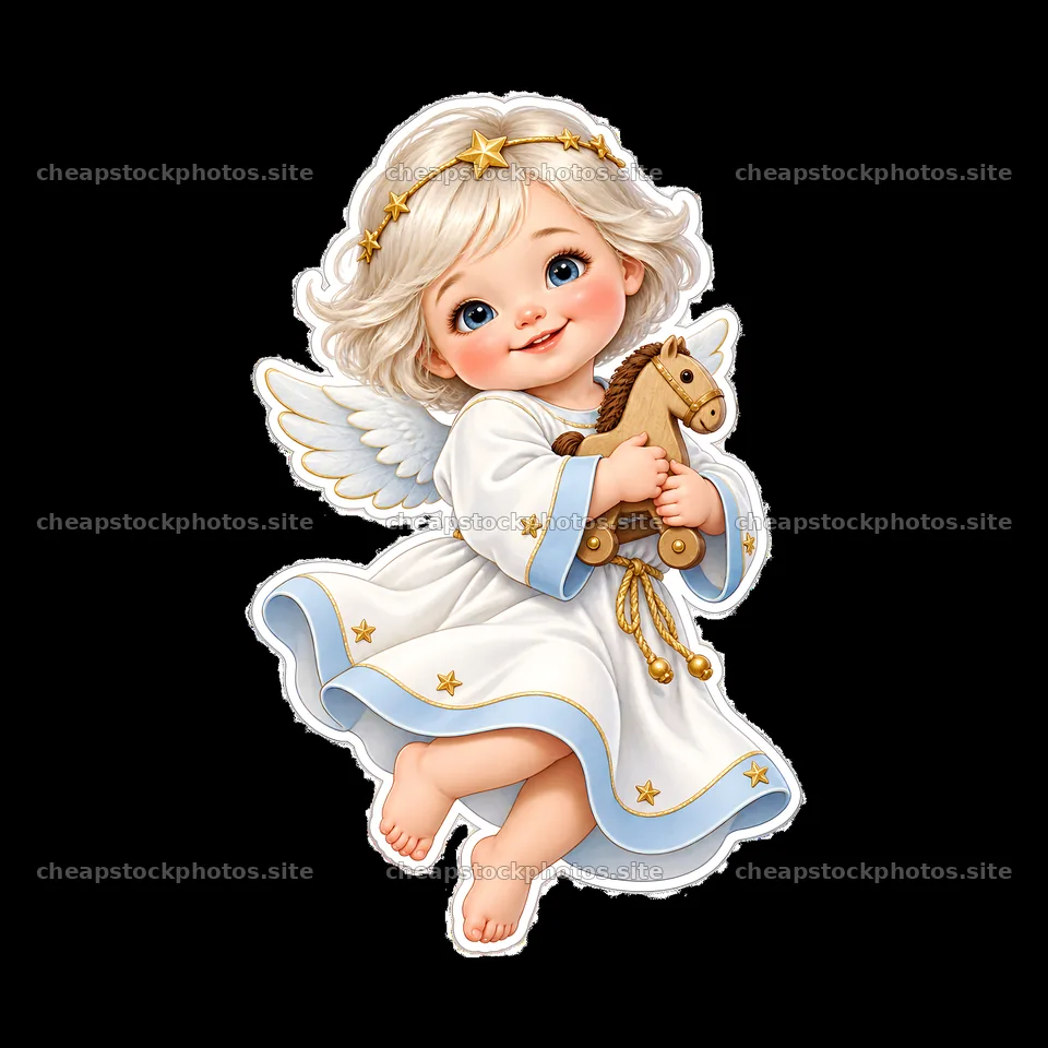 Christ Child holding a wooden horse toy with angel wings – stock photos 7746x7746