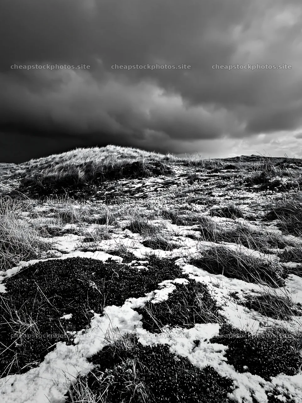 Dune meadow covered in snow under dark clouds – stock photos 6866x9174