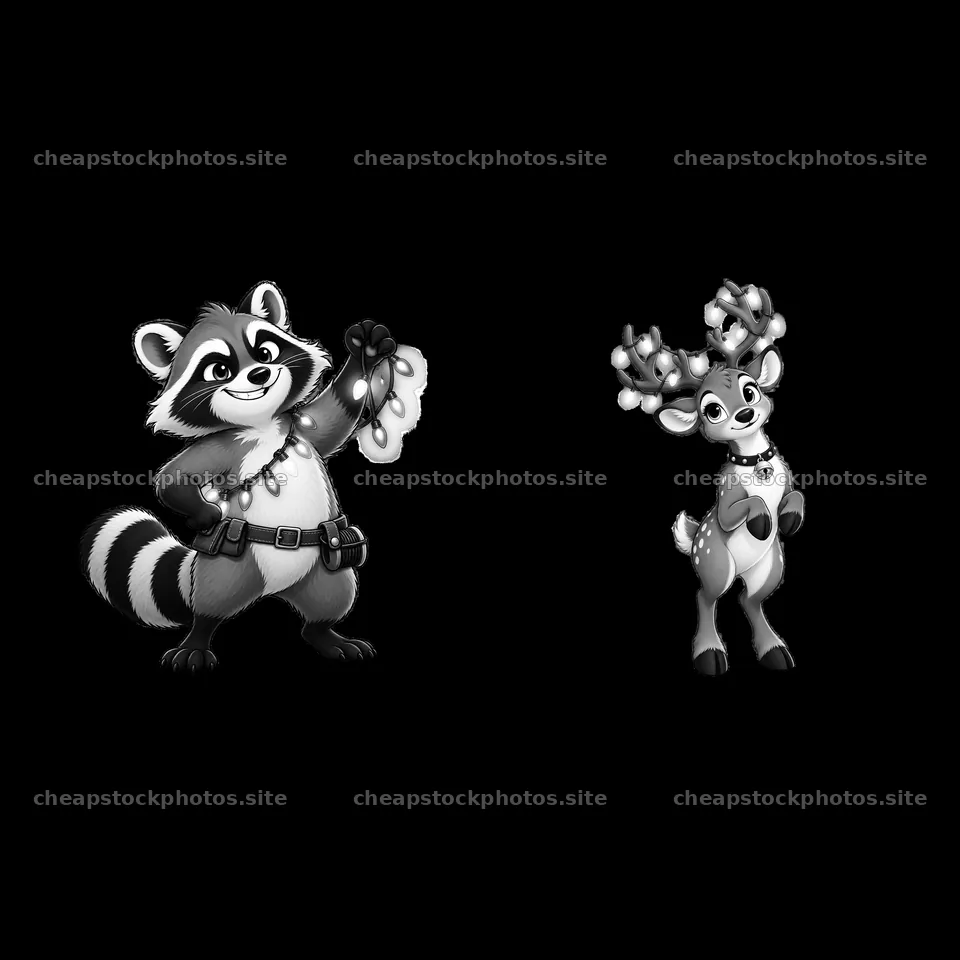 Raccoon holding string lights with deer character beside – stock photos 7746x7746