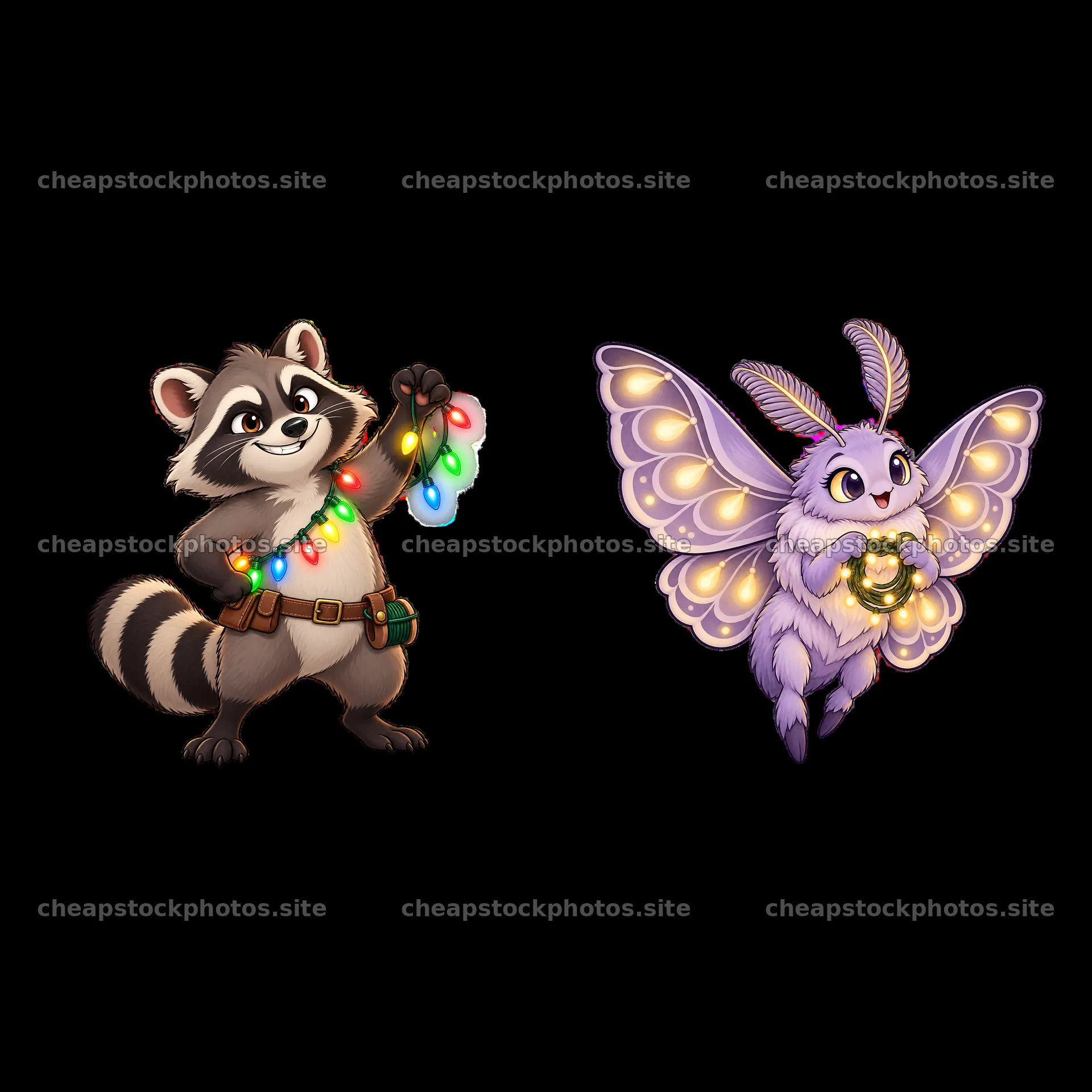 Raccoon holding string lights and fairy with glowing orbs – stock photos 7746x7746