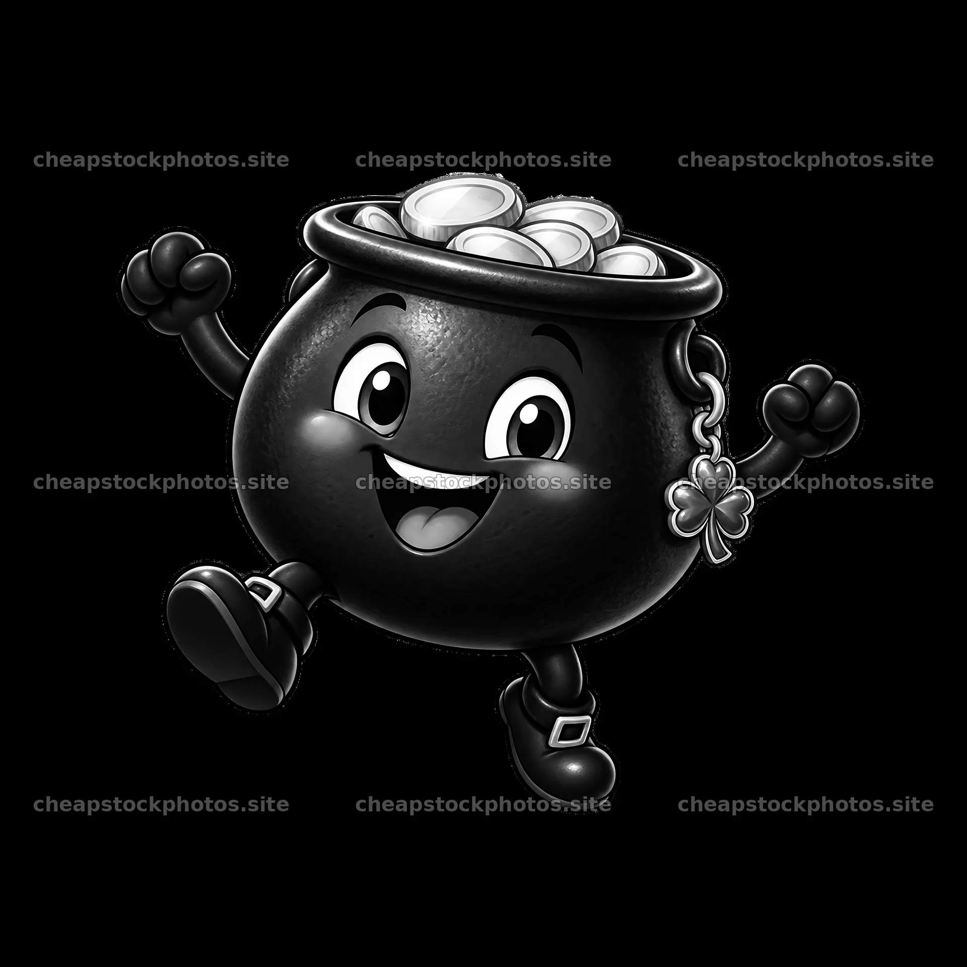 Cheerful cartoon pot of gold with shamrock for St. Patrick's Day – stock photos 7746x7746