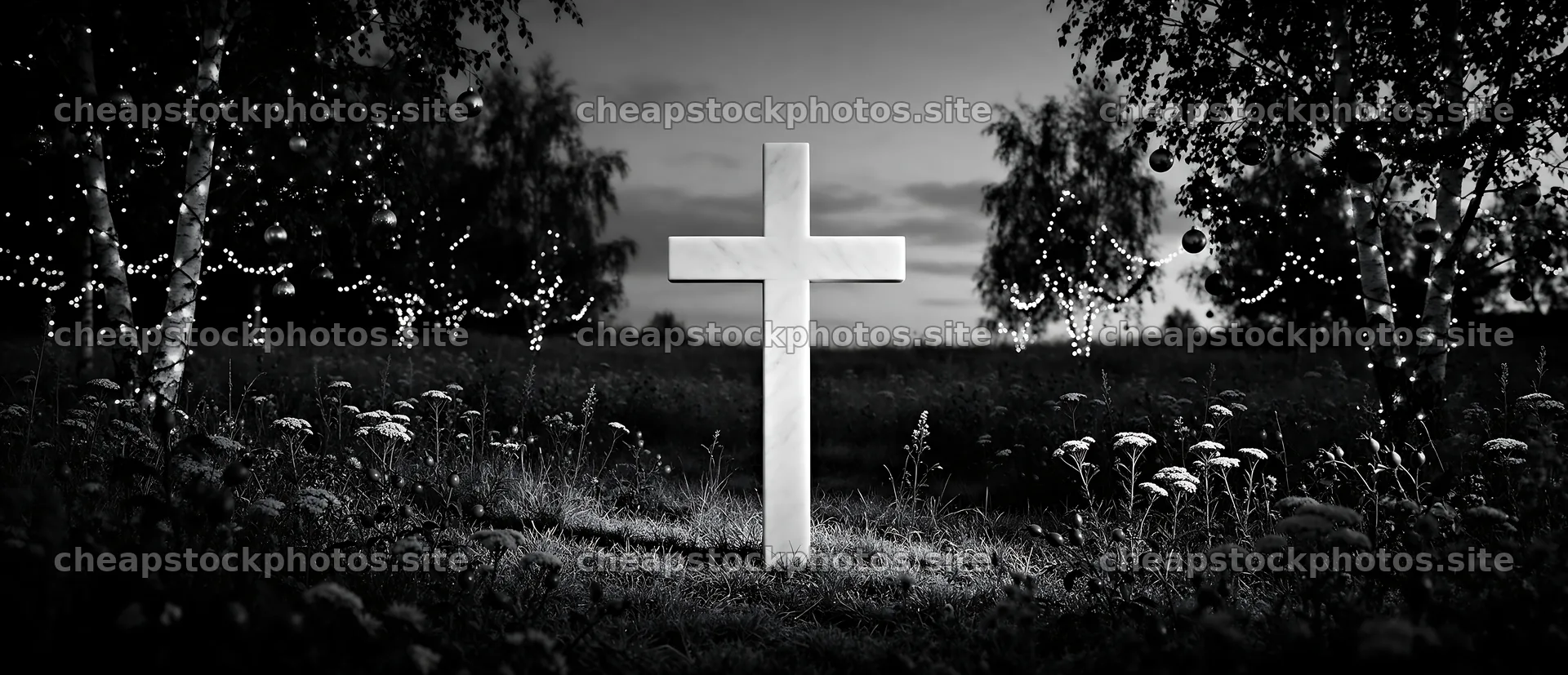 Marble Christian cross in a meadow with trees and lights – stock photos 12094x5210
