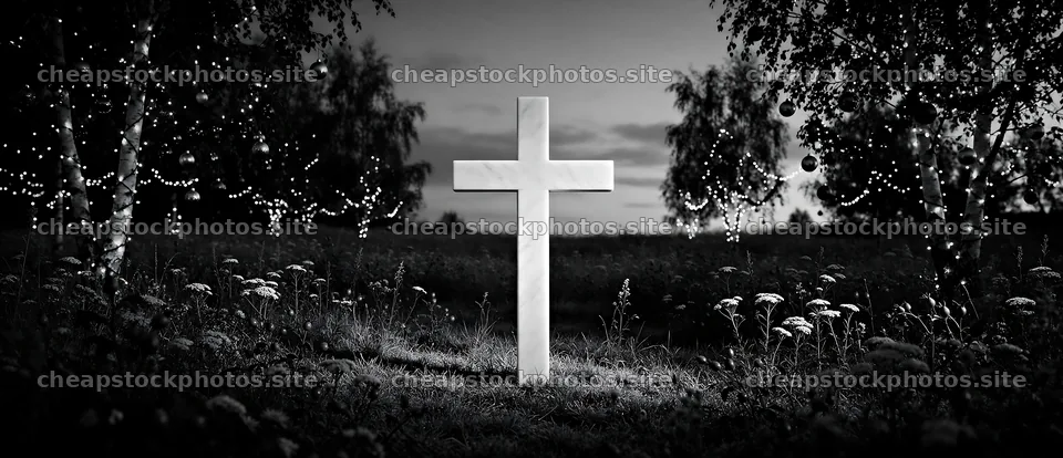 Marble Christian cross in a meadow with trees and lights – stock photos 12094x5210