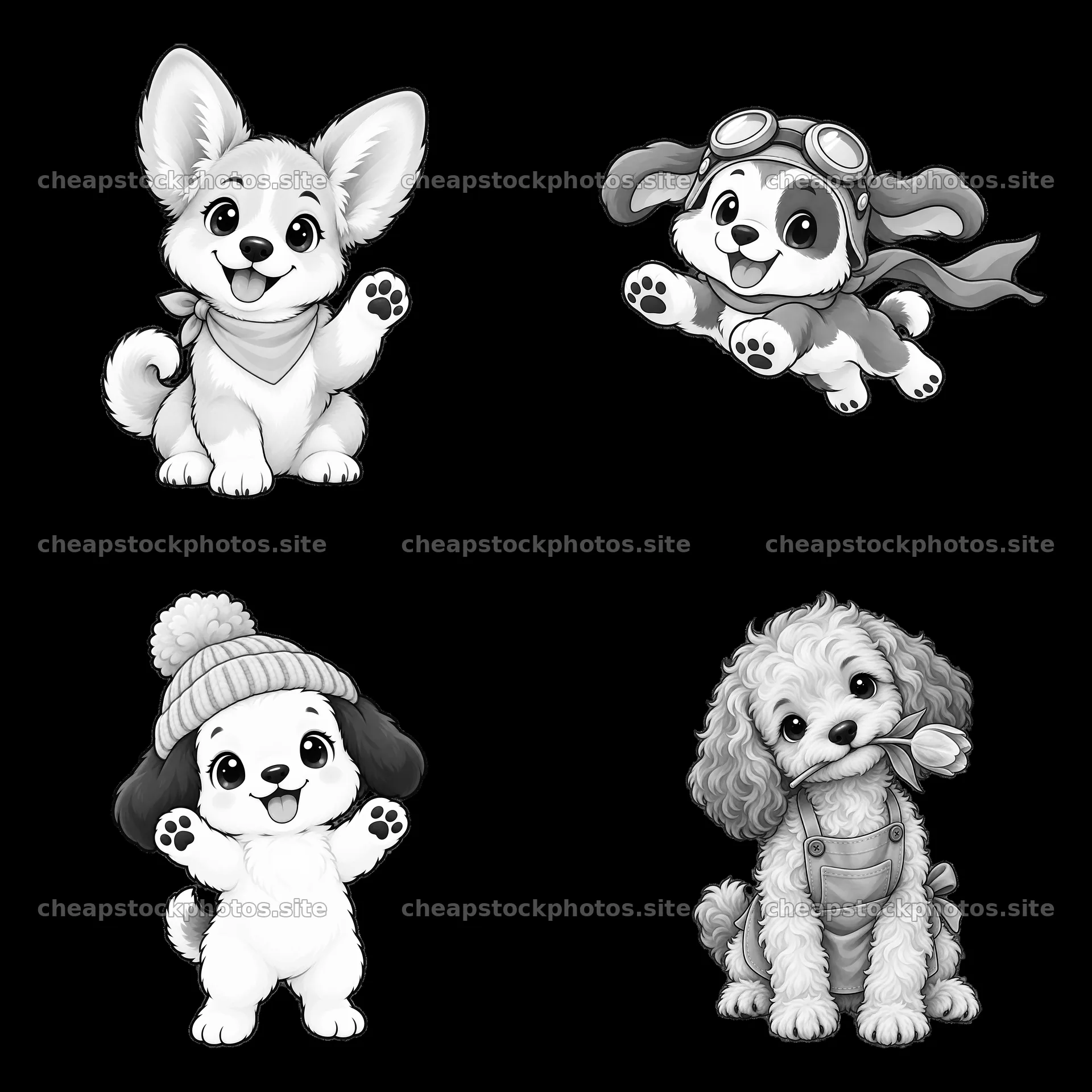 Cute dog stickers in a 2x2 grid layout featuring four designs – stock photos 7746x7746