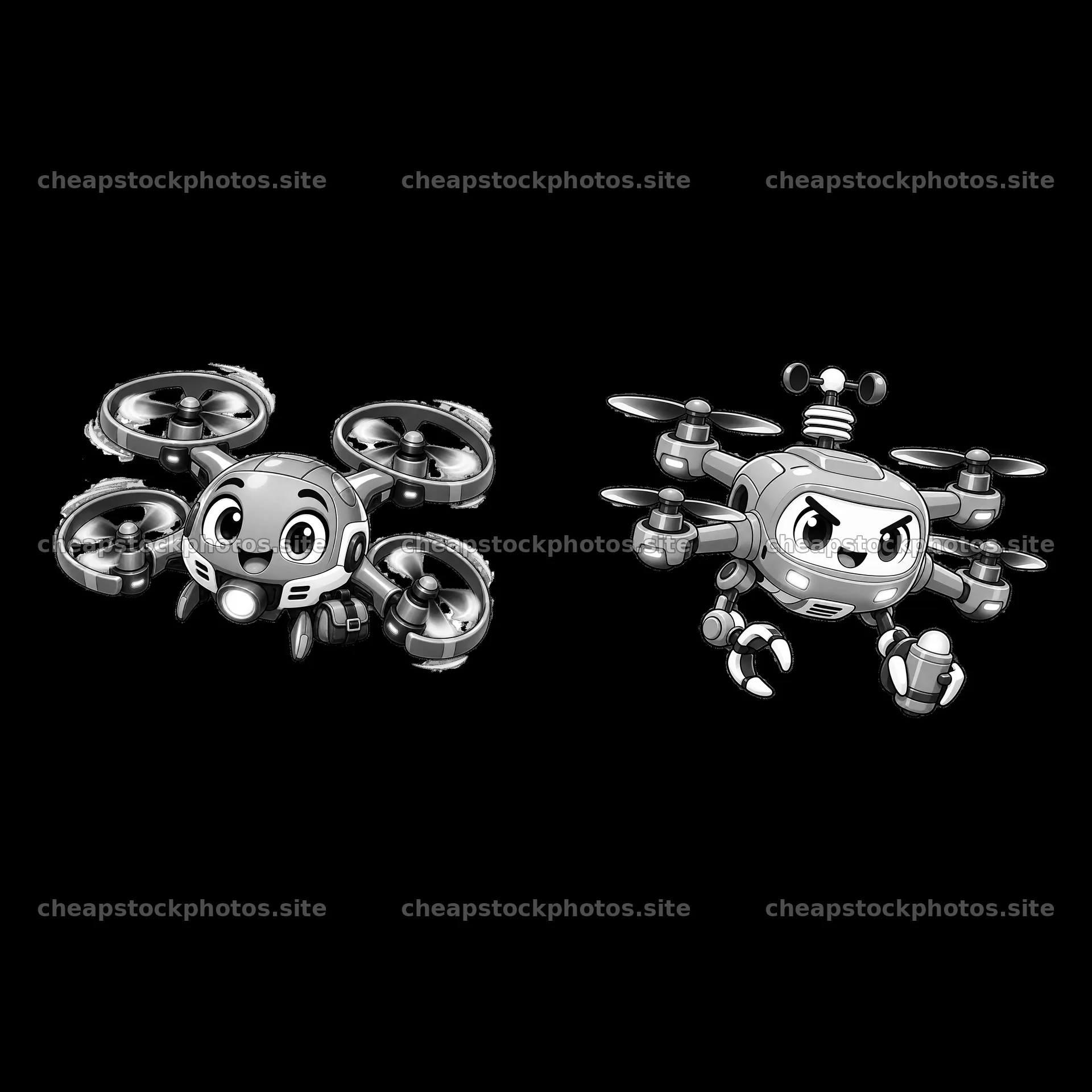 Cartoon drone characters in playful design and dynamic poses – stock photos 7746x7746
