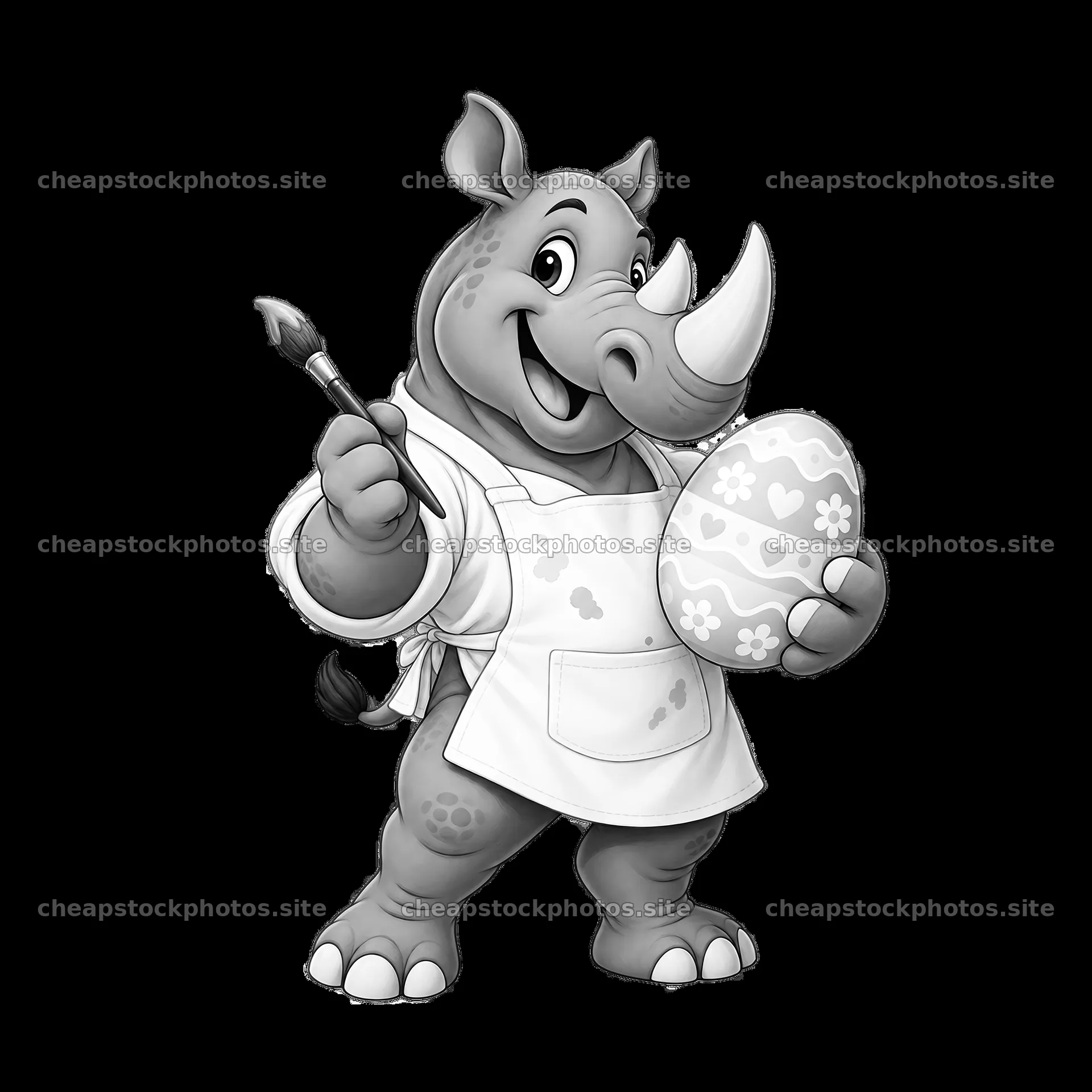 Easter rhinoceros painting an egg in a playful pose – stock photos 7746x7746