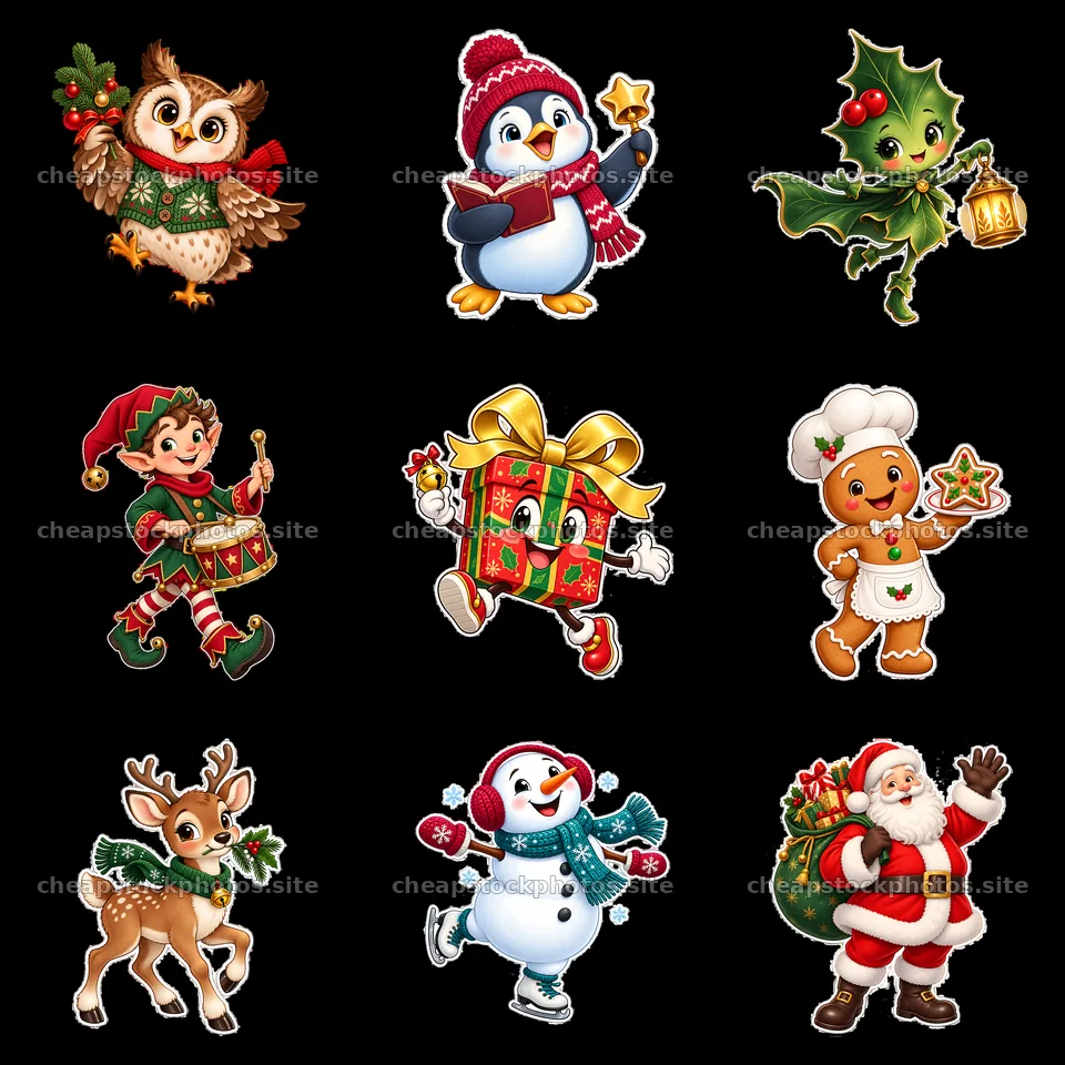 Cheerful cartoon characters celebrating Christmas in a festive layout – stock photos 7746x7746