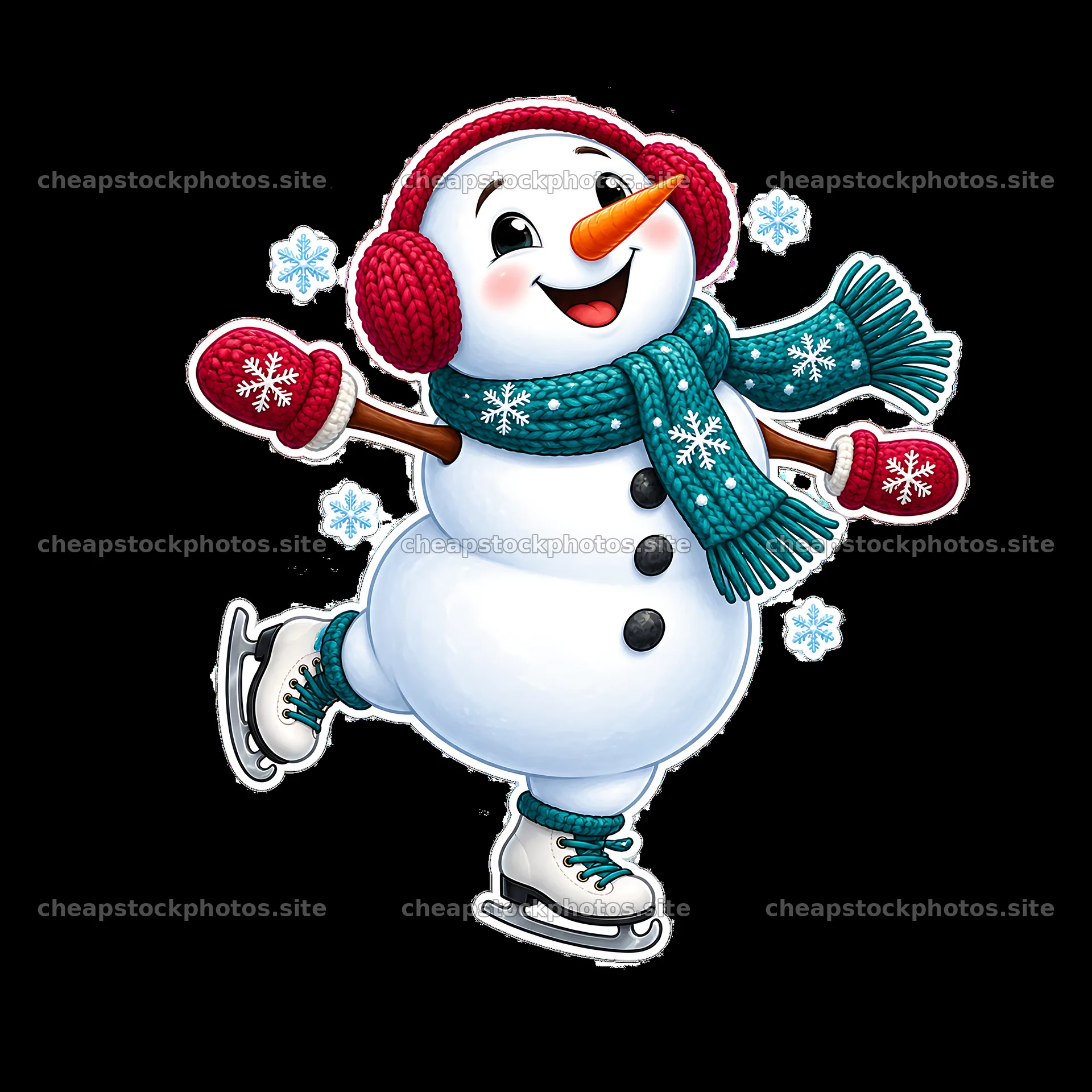Snowman ice skating in winter with earmuffs and mittens – stock photos 7746x7746