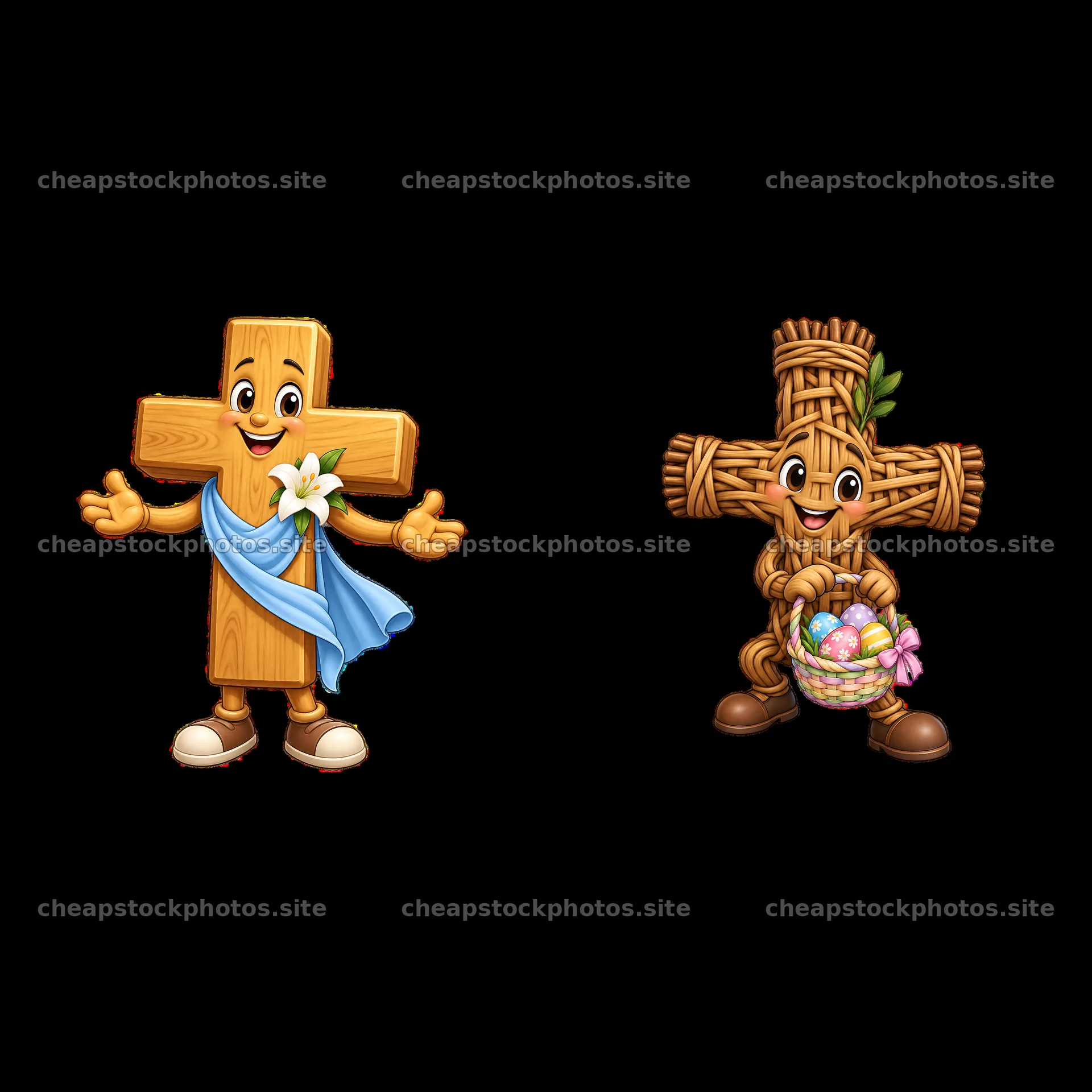 Easter cross characters with flowers and baskets of eggs – stock photos 7746x7746