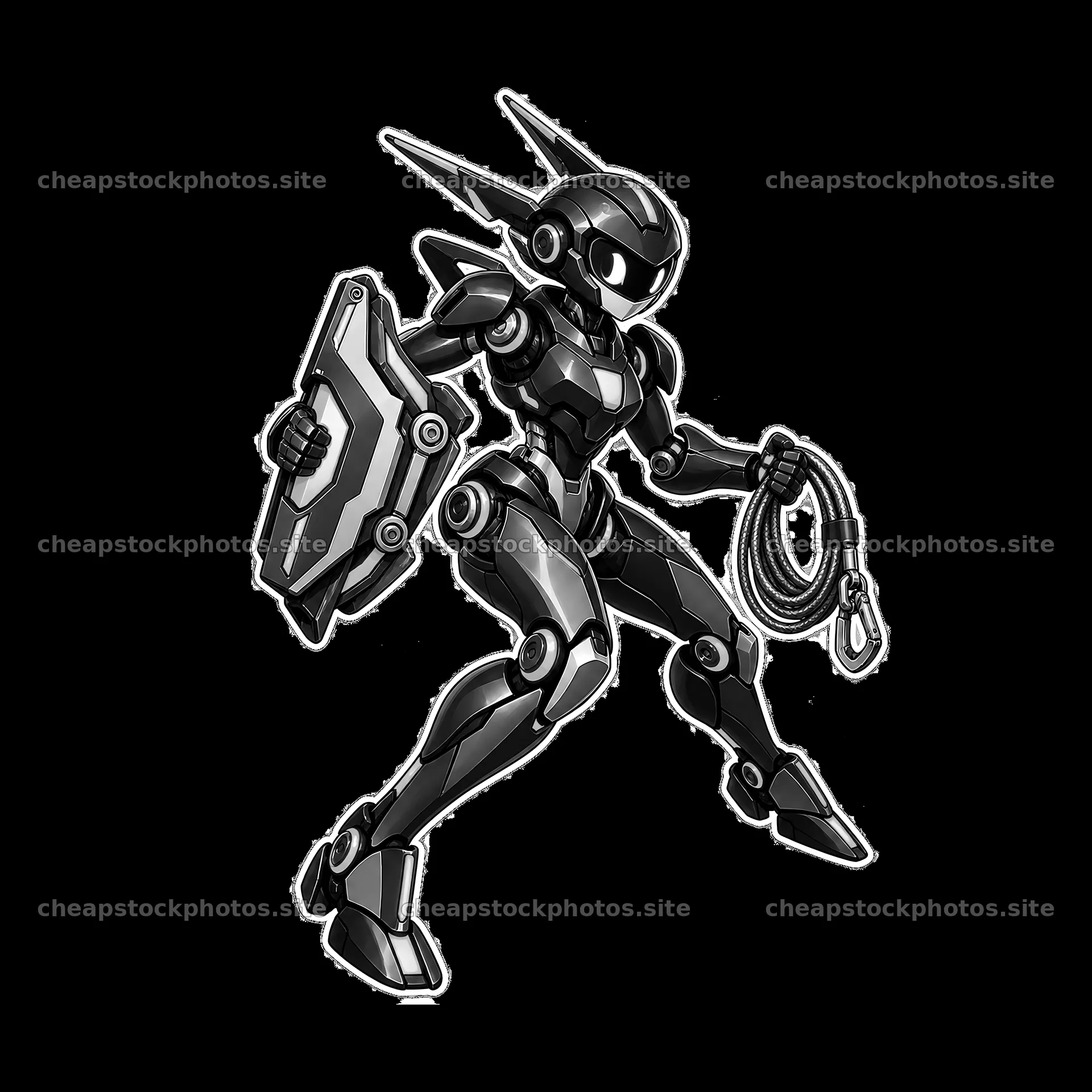Mech robot character with shield and rope in dynamic pose – stock photos 7746x7746