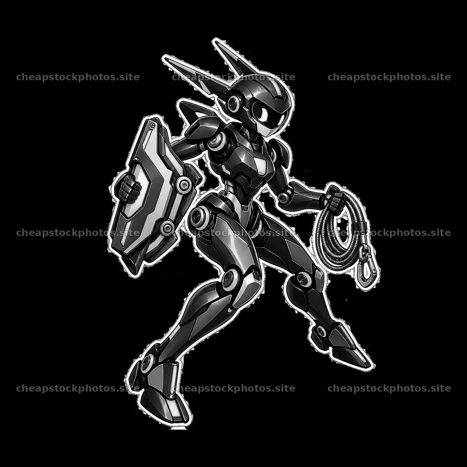 Mech robot character with shield and rope in dynamic pose – stock photos 7746x7746