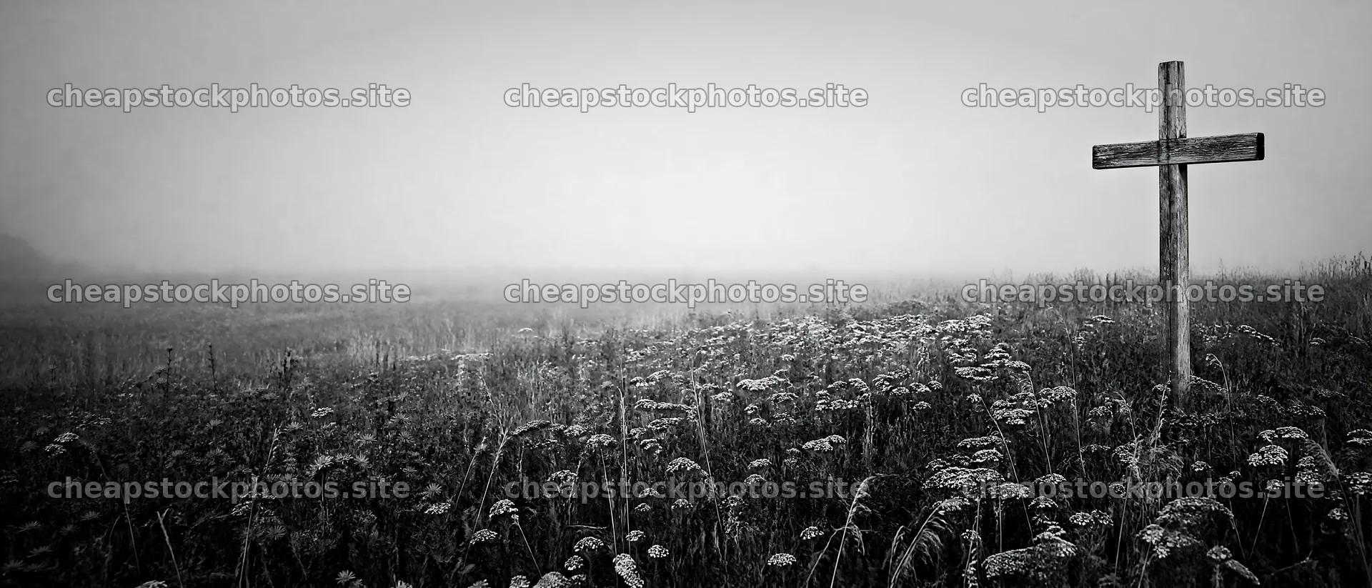 Weathered Christian cross in a misty meadow – stock photos 12124x5196