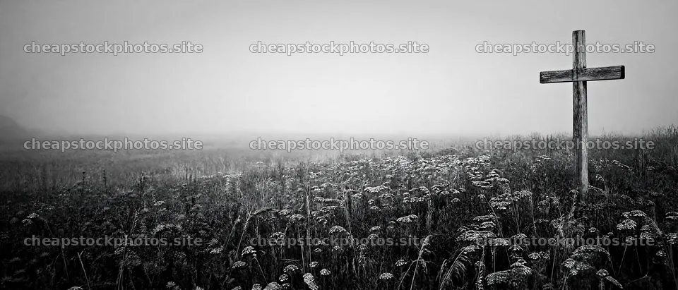 Weathered Christian cross in a misty meadow – stock photos 12124x5196