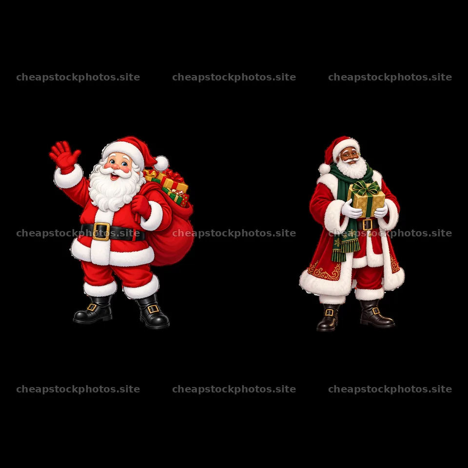Santa Claus with gifts and Santa Claus in a festive coat – stock photos 7746x7746