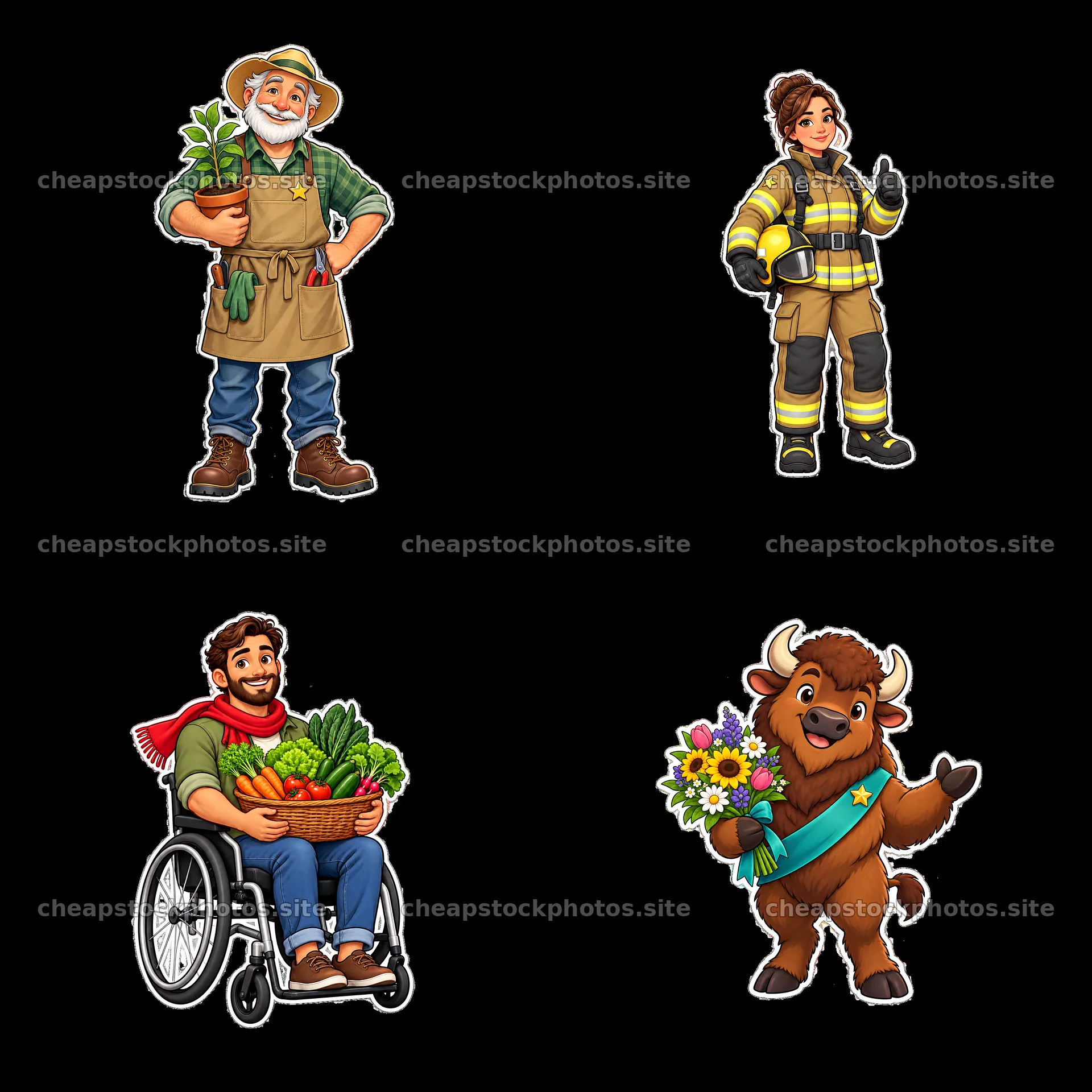 Diverse characters in a 2x2 layout celebrating community engagement – stock photos 7746x7746