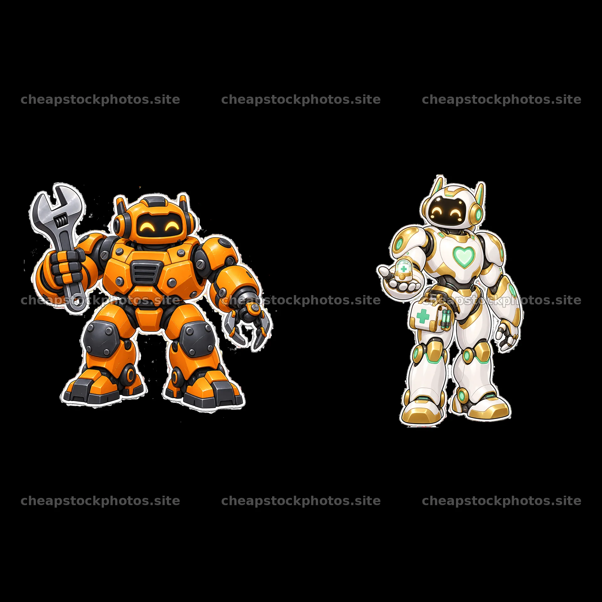 Two cartoon mech robots holding tools and accessories – stock photos 7746x7746