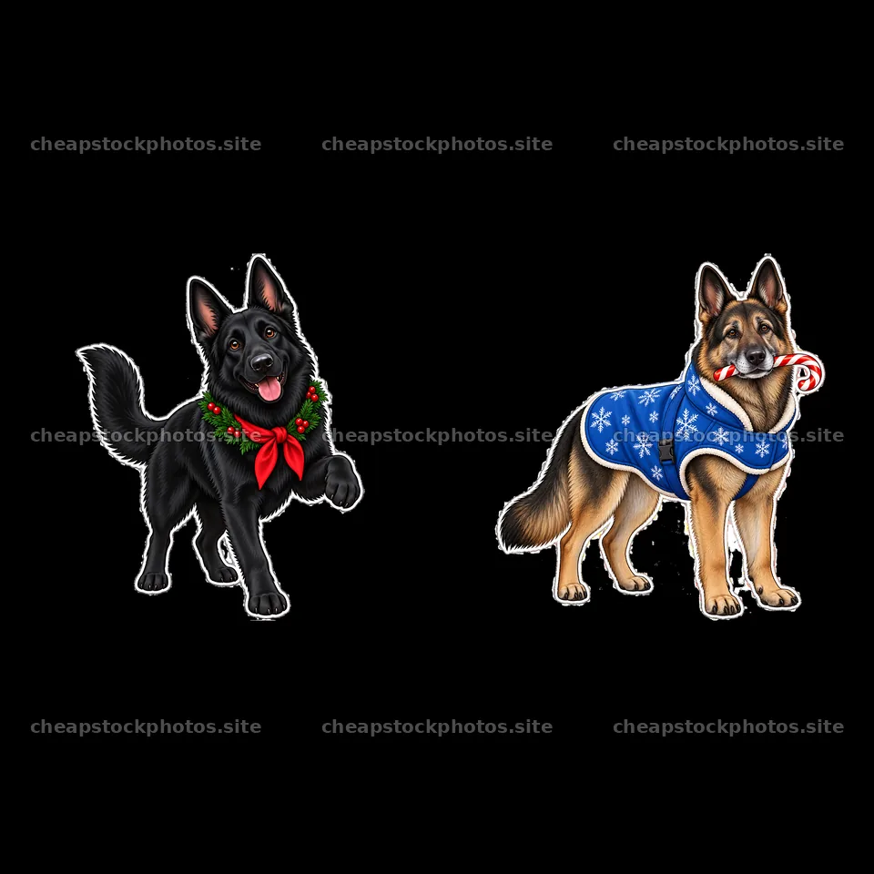 Christmas German Shepherds wearing festive accessories – stock photos 7746x7746