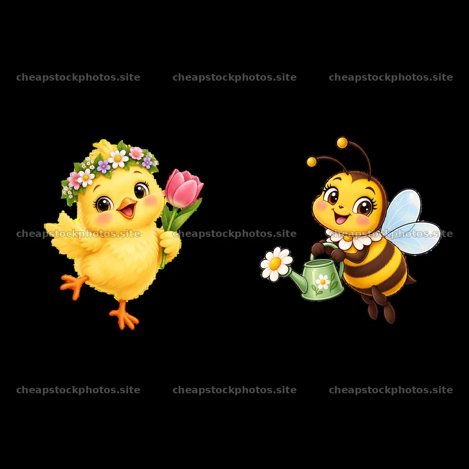 Chick with flower and bee watering flowers in Easter meadow – stock photos 7746x7746