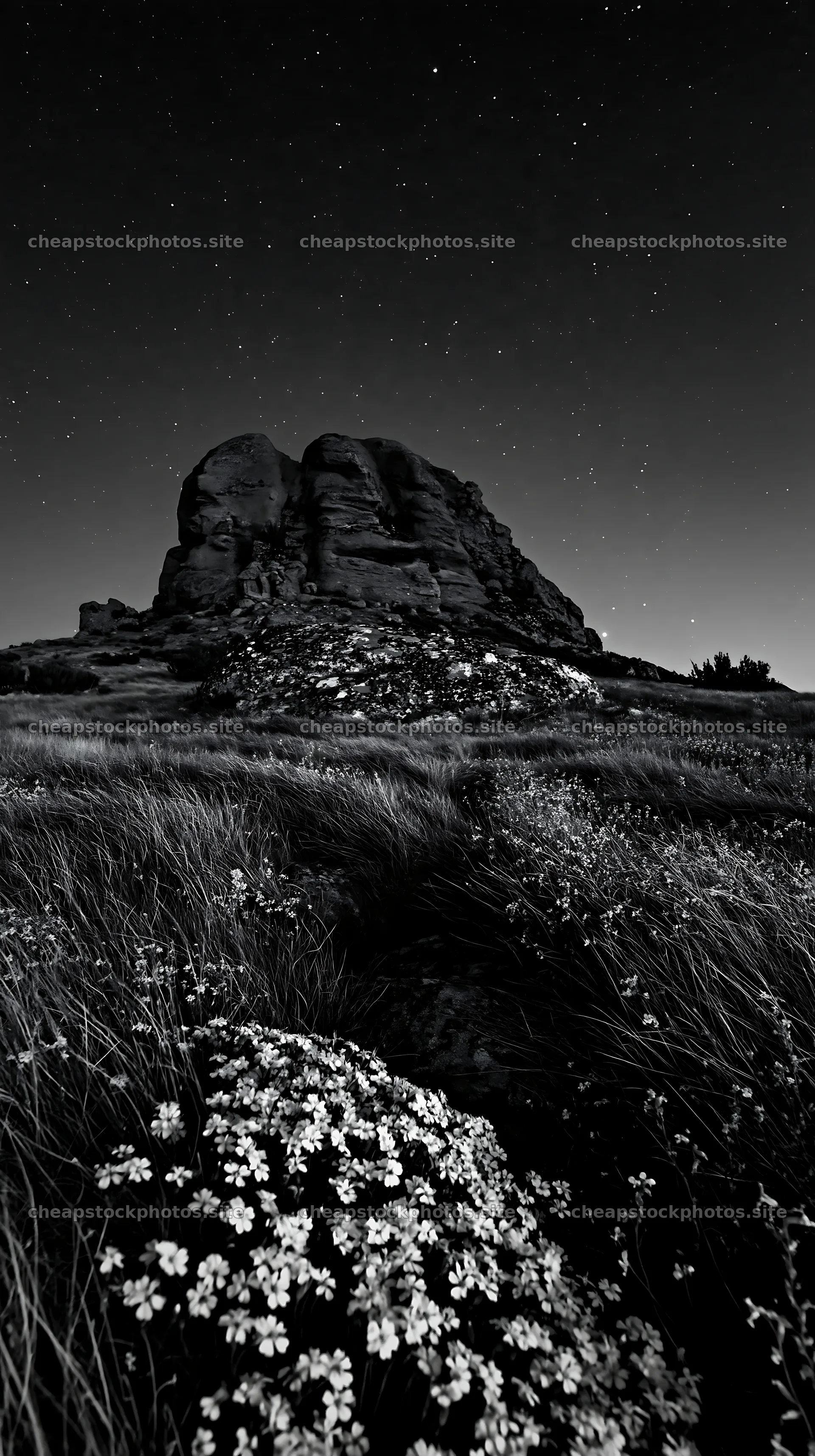 Moonrise over a meadow with flowers and rocky formations – stock photos 5938x10608