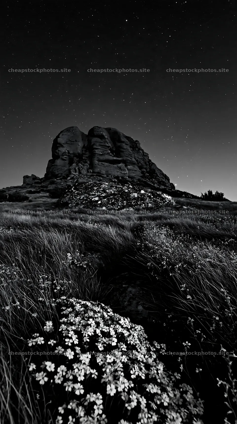 Moonrise over a meadow with flowers and rocky formations – stock photos 5938x10608
