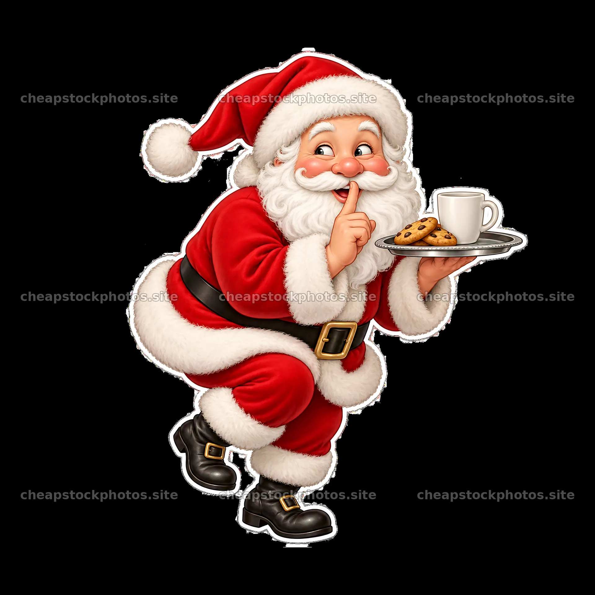 Santa Claus holding cookies and milk with a finger on his lips – stock photos 7746x7746