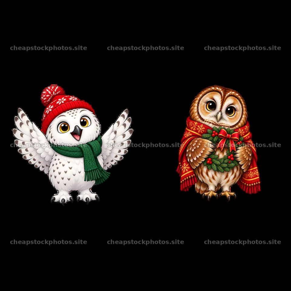 Christmas owls wearing hats and scarves with accessories – stock photos 7746x7746