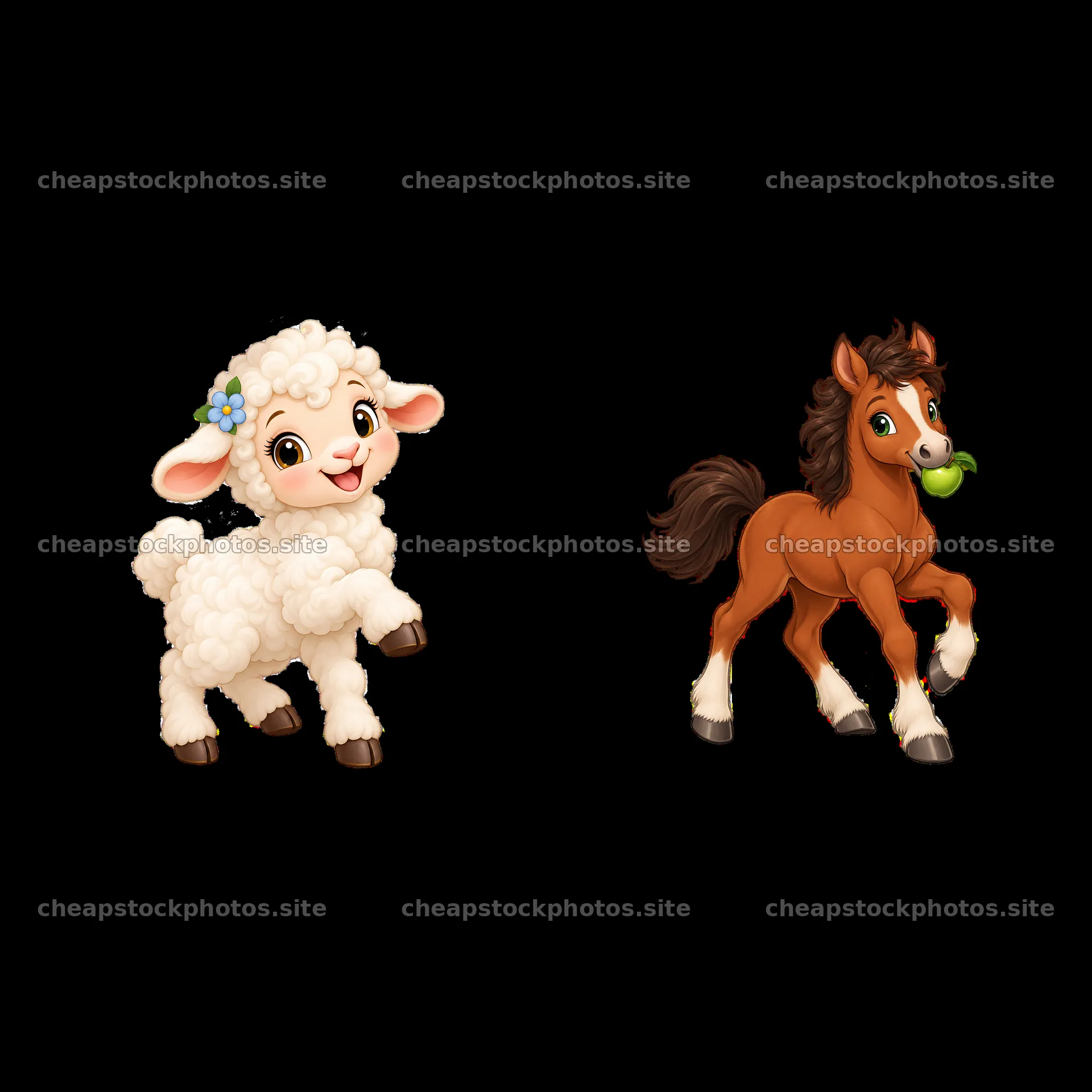 Lamb and horse characters with playful expressions on a farm – stock photos 7746x7746