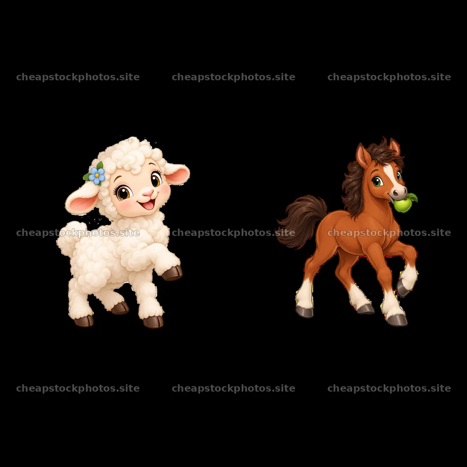 Lamb and horse characters with playful expressions on a farm – stock photos 7746x7746