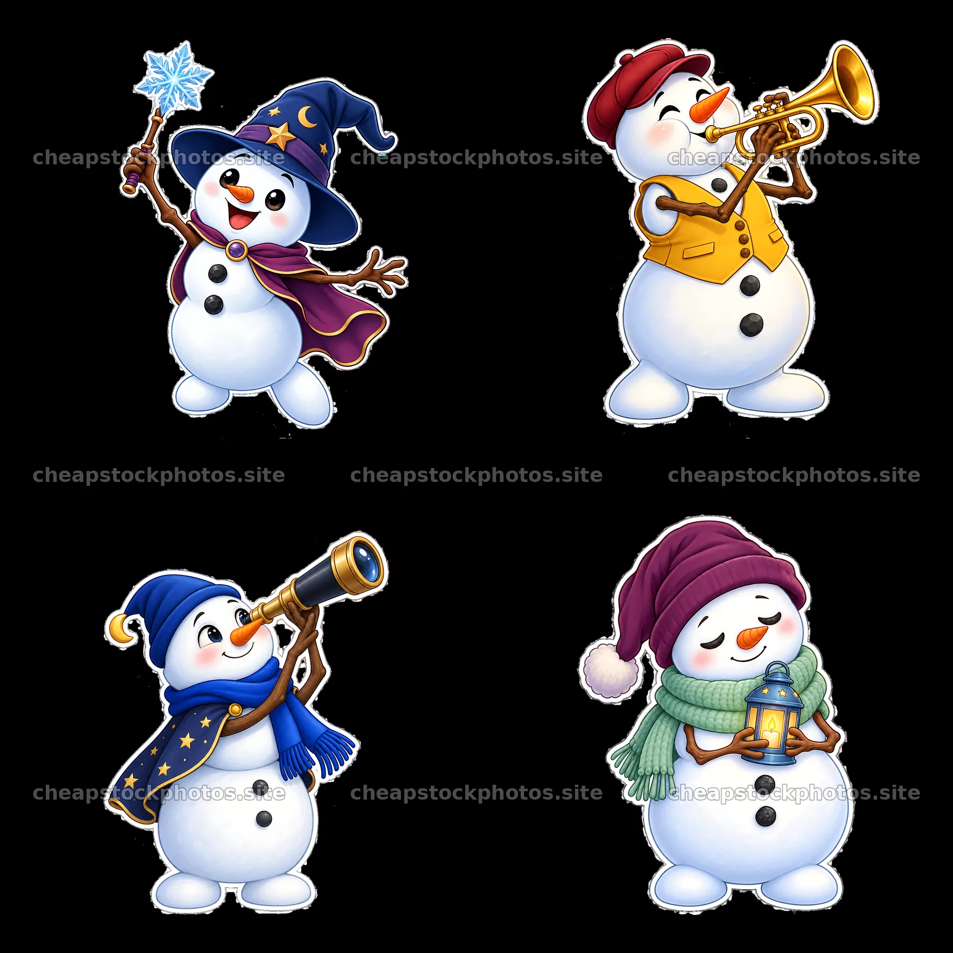 Four cartoon snowmen engaged in different winter activities – stock photos 7746x7746