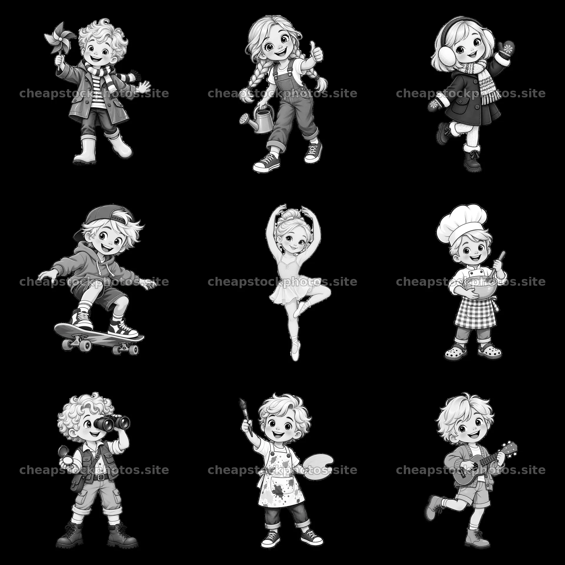 Blond child characters engaged in various activities in a grid – stock photos 7746x7746