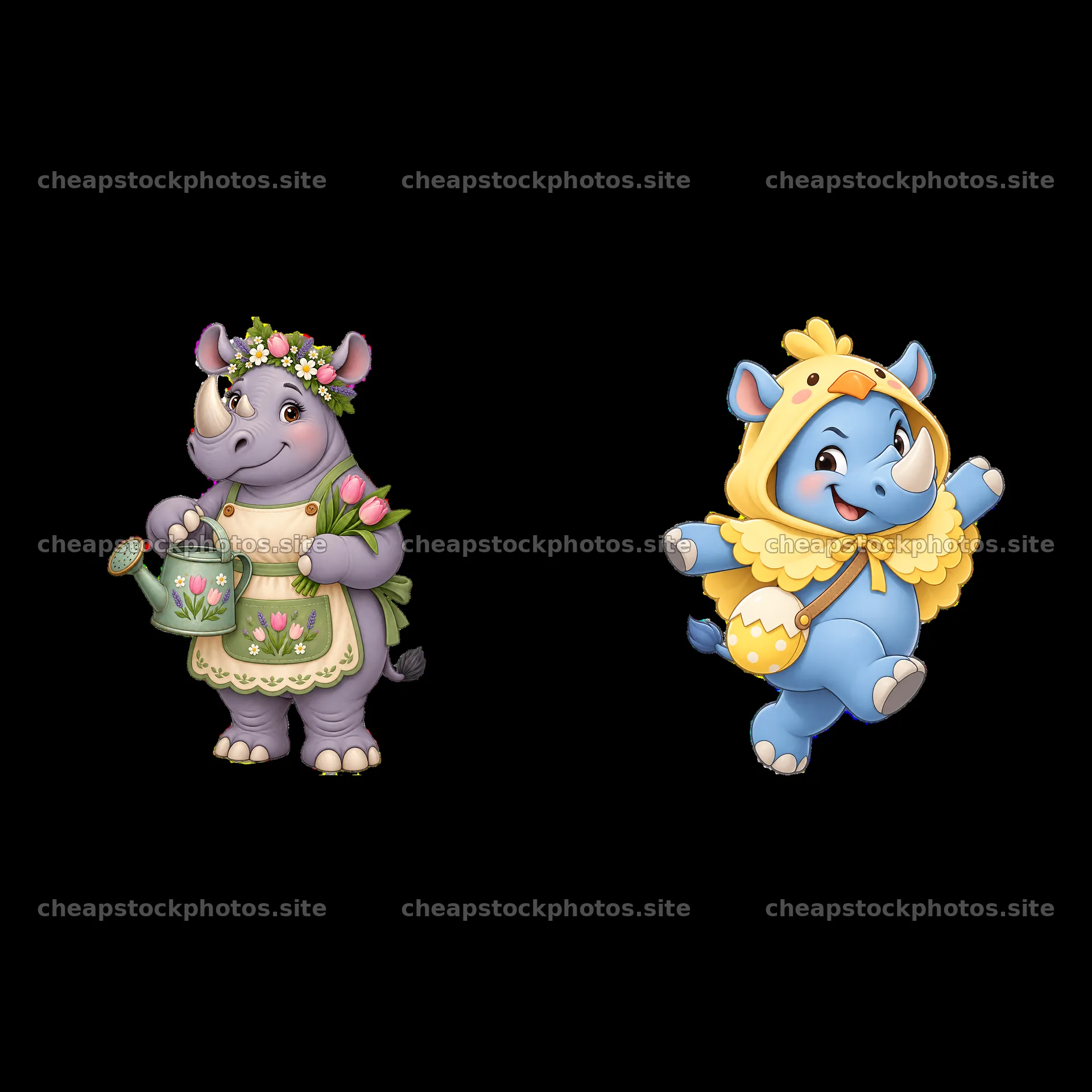 Easter rhinoceros holding a watering can with cute chick rhinoceros – stock photos 7746x7746